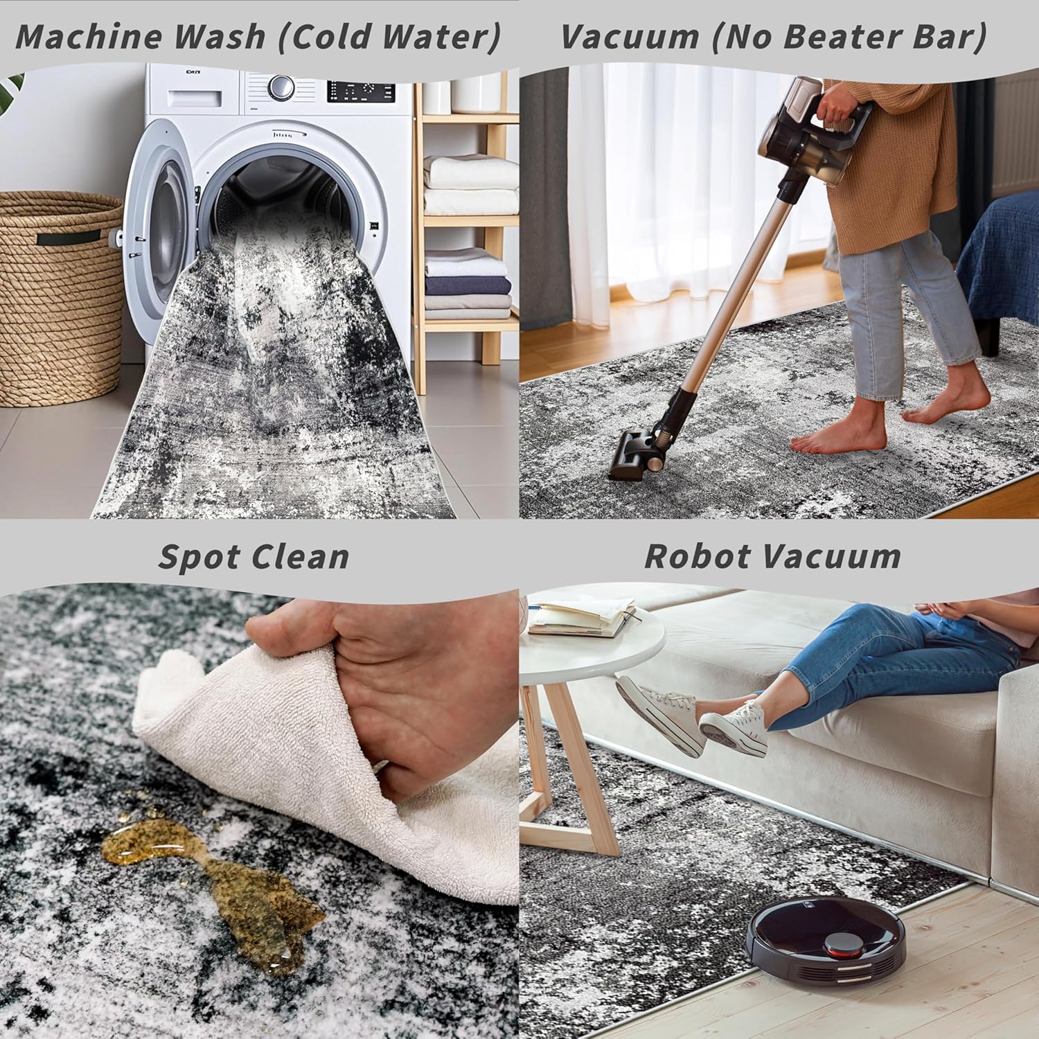 3x10 Washable Hallway Runner Rug - Non Slip Modern Wide Carpet for Kitchen Entryway Bathroom with Rubber Backing,Low Pile Thin Long Floor Runner Indoor（Black Grey,3x10）
