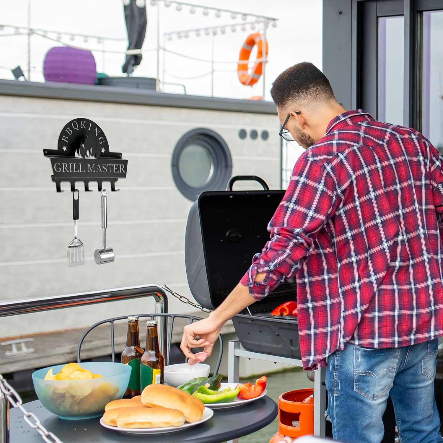 BBQ Tool Holder Wall Mount, Grill Utensil Holder with 5 Hooks, for Backyard