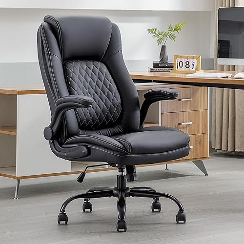 Miniatura 3 de DYHOME Silla de oficina con respaldo alto, soporte lumbar ajustable, brazos abatibles, de cuero negro, ergonómico, grande y alto, para oficina en