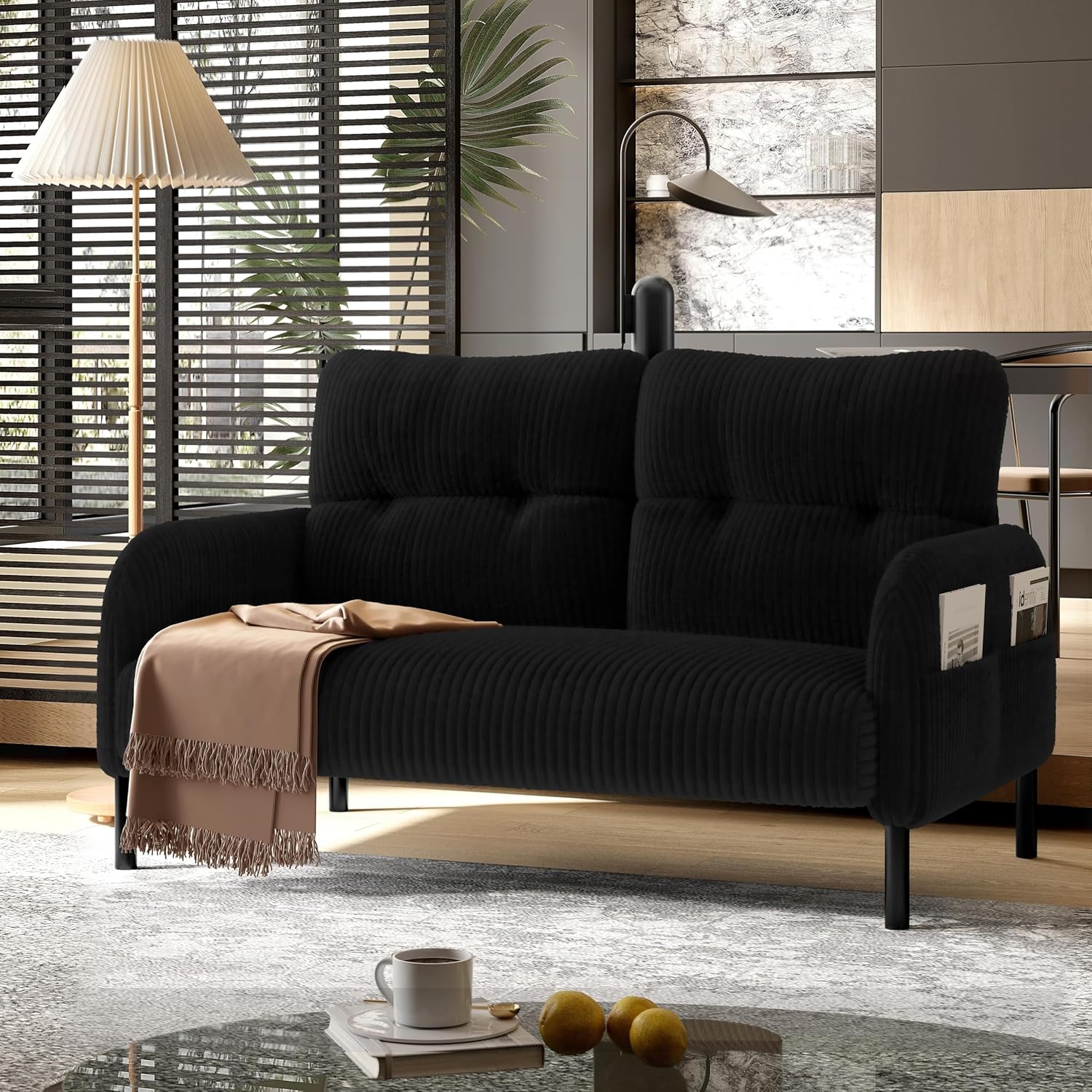 47" Modern Loveseat Couch Sofa, Corduroy Fabric Armchair Upholstered 2-Seat Loveseat Sofa for Small Space, Living Room, Bedroom, Apartment, Black