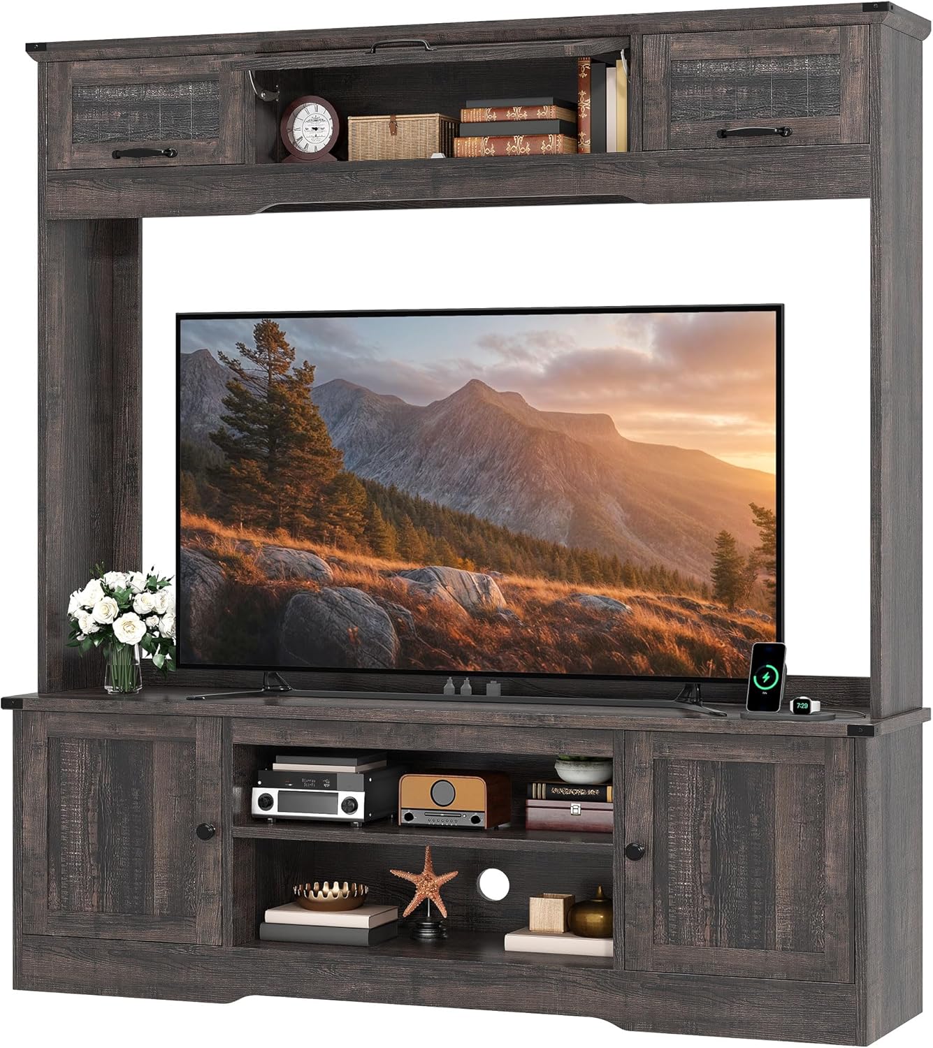 YITAHOME Wall Unit Entertainment Center for 65 Inch TV, 73" Tall TV Console with Power Outlet, Adjustable Shelf & Flip-Up Compartments, Large Media Stand for Living Room, Rustic Oak