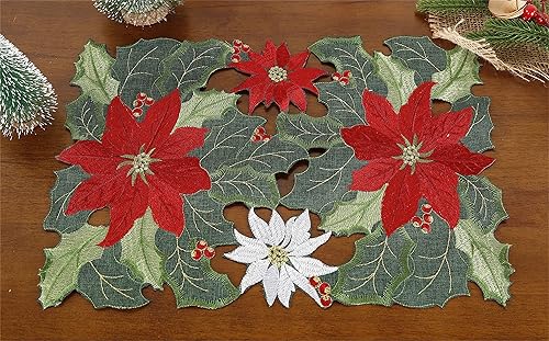 Miniatura 7 de GRANDDECO Juego de 2 manteles individuales rectangulares de Navidad de 12 x 18 pulgadas para fiestas de granja, bordados con flores rojas de