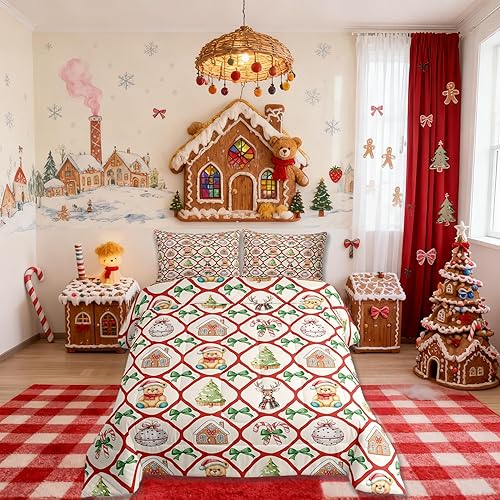 Miniatura 21 de Juego de edredón de Navidad para niños tamaño queen, ropa de cama festiva de dulces navideños, decoración de dormitorio/cabaña de Navidad para Multi