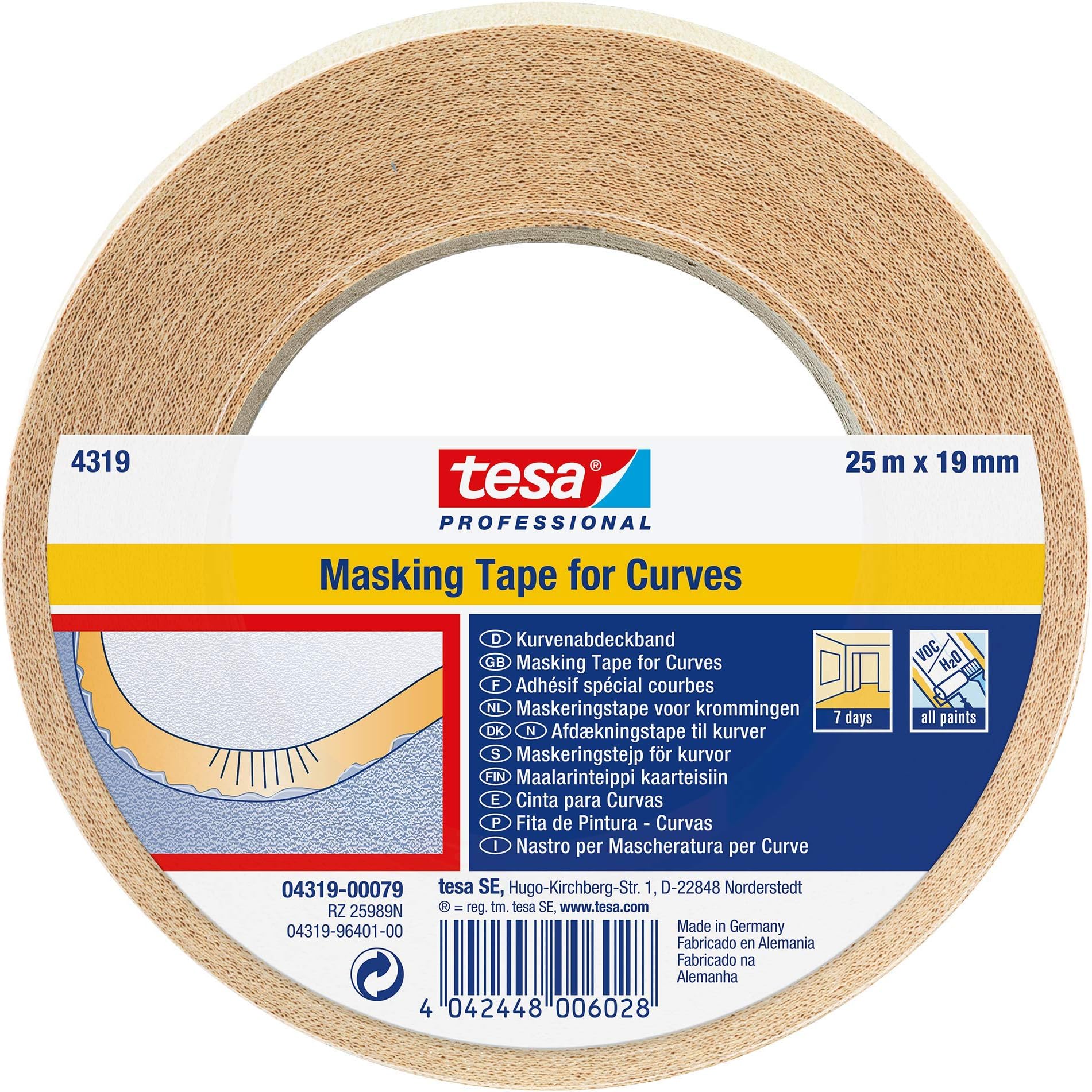 Ruban Masquage Tesa Pour Courbes - 19mm X 25m - Flexible Pour Surfaces Irrégulières