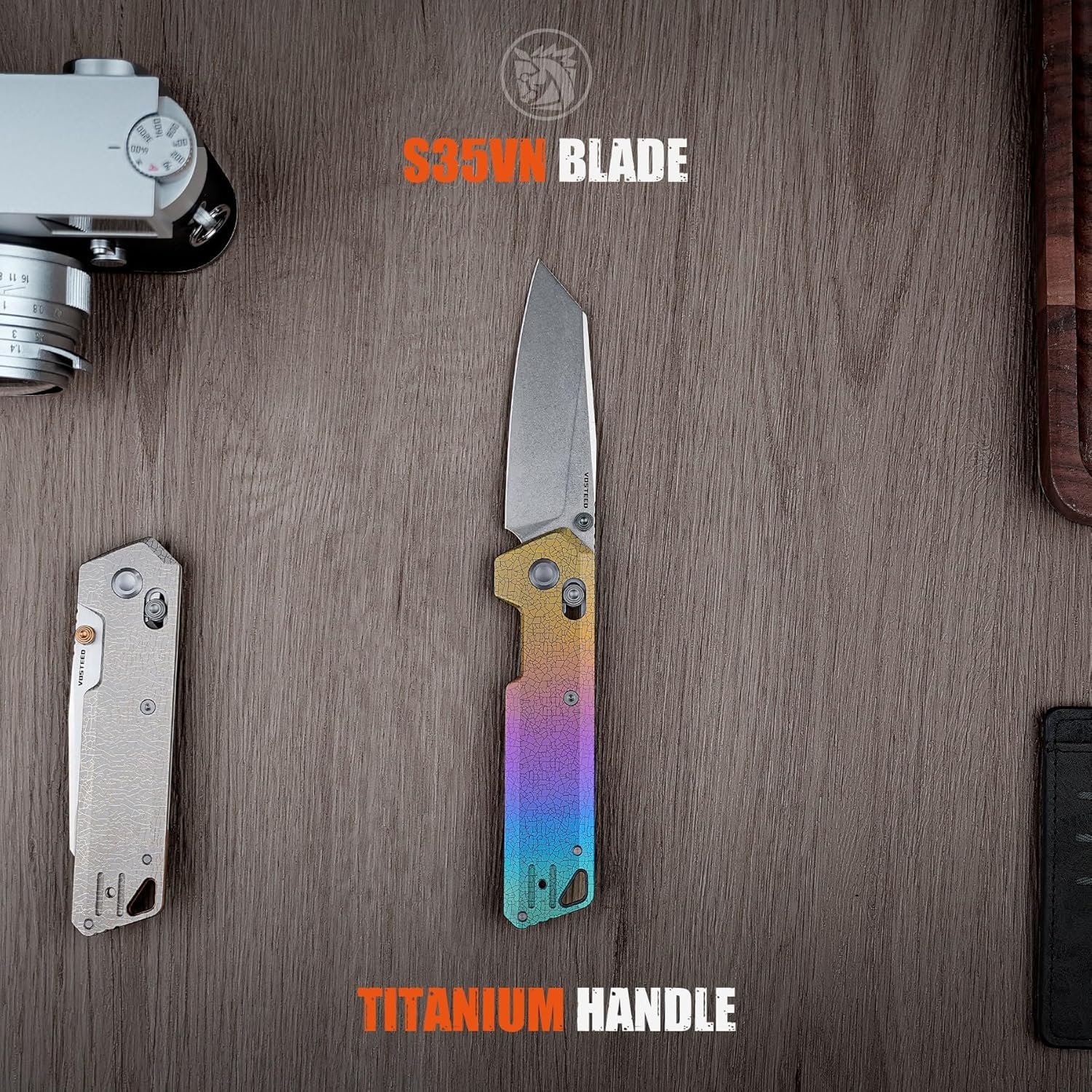 Vosteed Parallel EDC Pocket Knife - 2.90" S35VN Stonewash Blade, Reverse Tanto - Crossbar Lock, Iridescent Crackle Titanium Handle - Camping, Hiking Knives - A3508