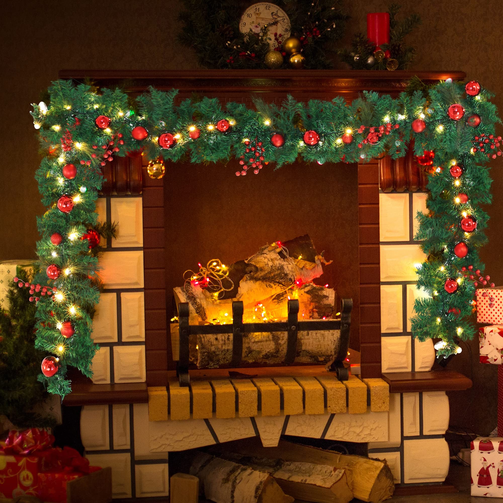 Aesto 9 FT Christmas Garland with Lights, 8 Lighting Modes, Xmas Garland with Lights for Outdoor/Indoor