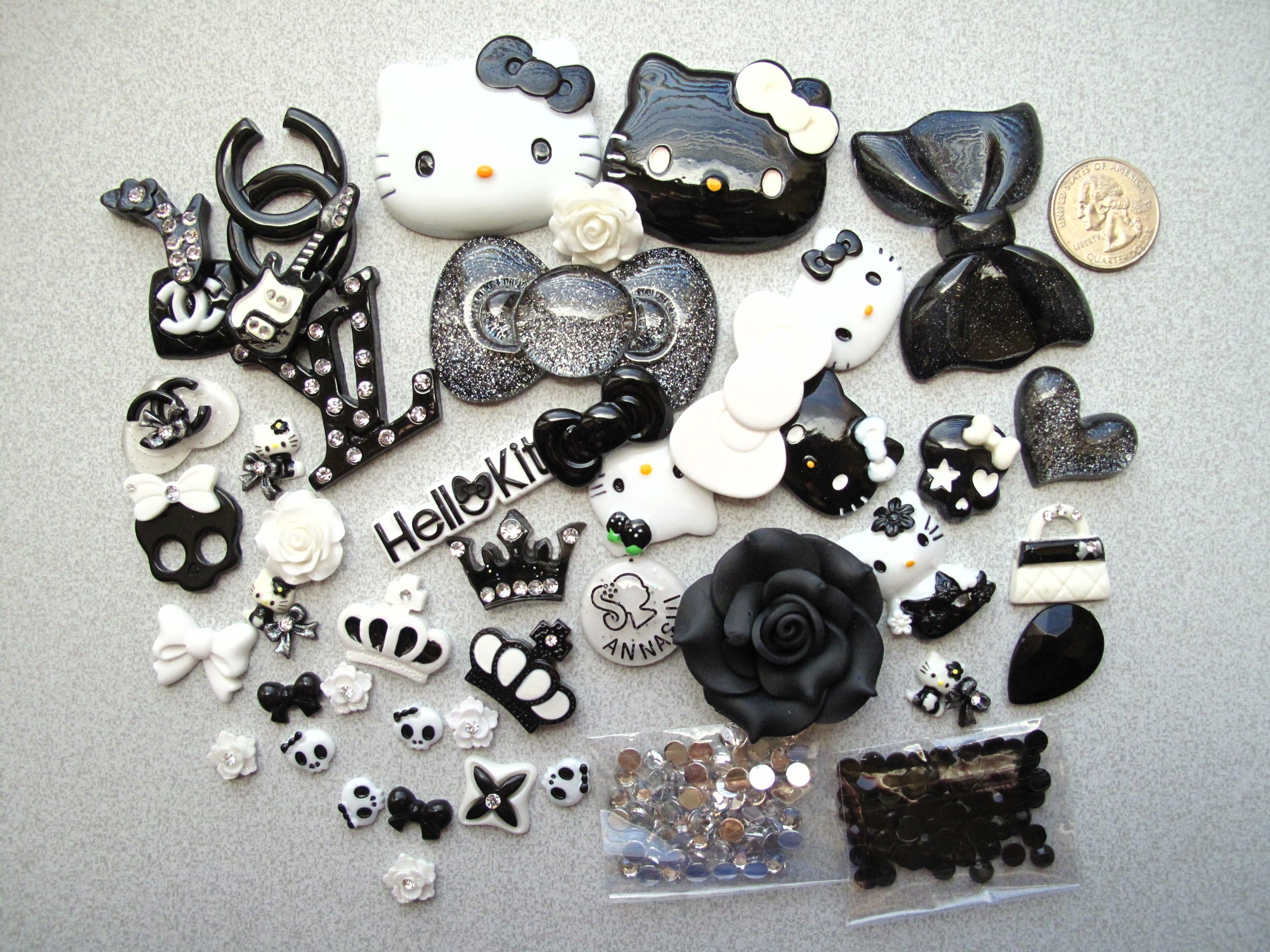 47 Mix Black/White Bling Bling Flat Back Resin Cabochon/100ps Rhinestone Deco Kit Cell Phone