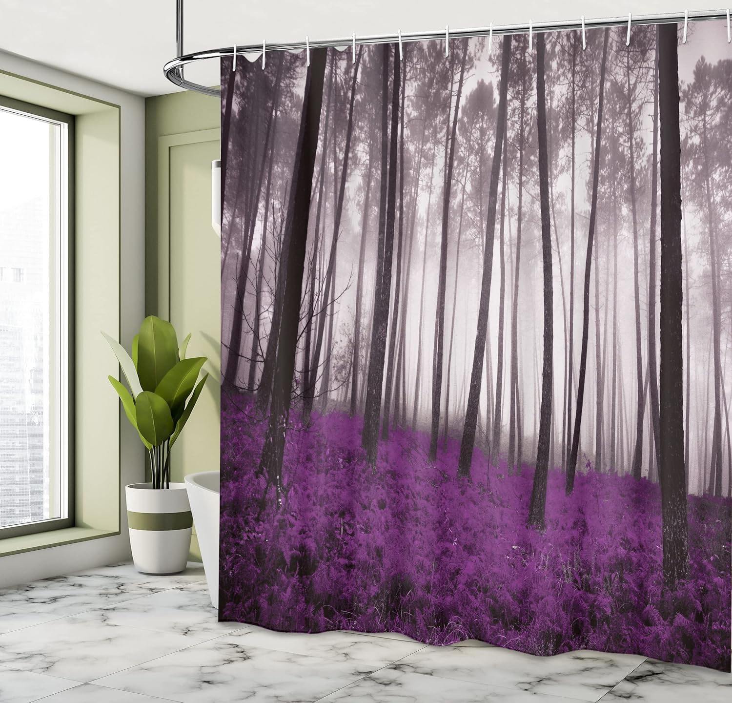 Ambesonne Forest Shower Curtain, Mystical Fantasy Woodland Under Heavy Fog Tall Trees Bushes Contrast Colors, Cloth Fabric Bathroom Decor Set with Hooks, 69" W x 84" L, Purple Black