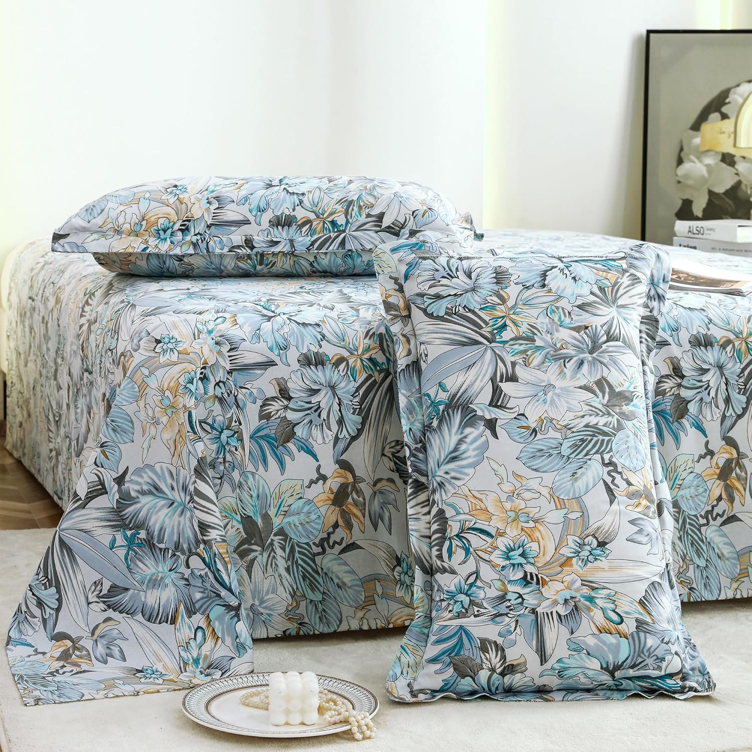 Story@Home Bedsheet for Double Bed Cotton 190 TC with 2 Pillow Covers, Grey & Blue, Floral, 225 cm X 250 cm | Perfect for Home Decor