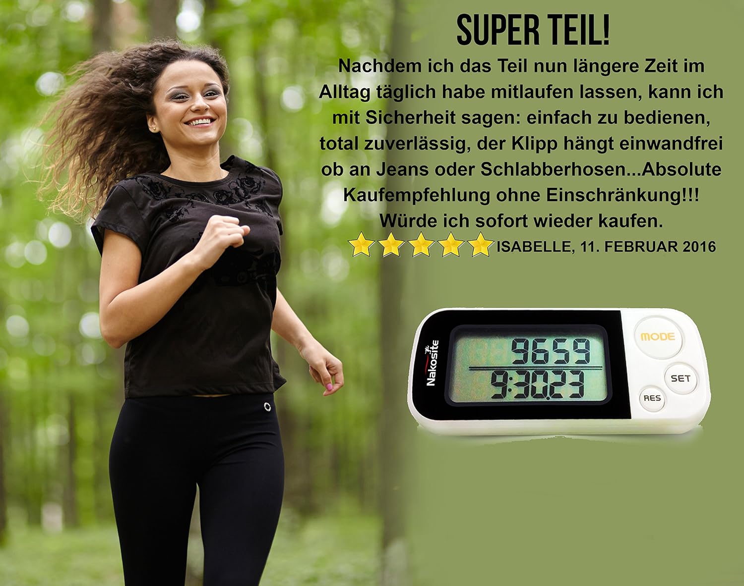 NAKOSITE Best 3D Pedometer for Walking with Strap & Clip, Accurate Step Counter, Distance (Km & Miles), Calorie Counter, 30 Days Memory, White. Bonus: Free eBook, 365 Days Warranty