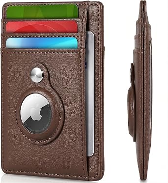 RFID Blocking Minimalist AirTag Wallet   Premium PU Leather Credit Card & Money Holder   Slim Apple AirTag Case - Luxury Card Holder for Men & Women, Brown