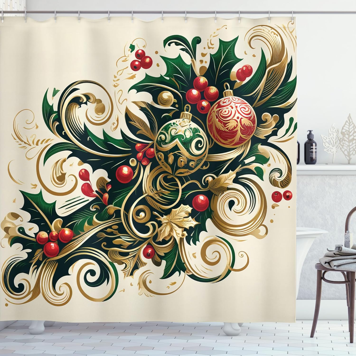 Ambesonne Christmas Shower Curtain, Modern Scandi Xmas Theme with Pine Exotic Monstera and Palm Trees, Cloth Fabric Bathroom Decor Set with Hooks, 69" W x 70" L, Beige Black Charcoal Grey