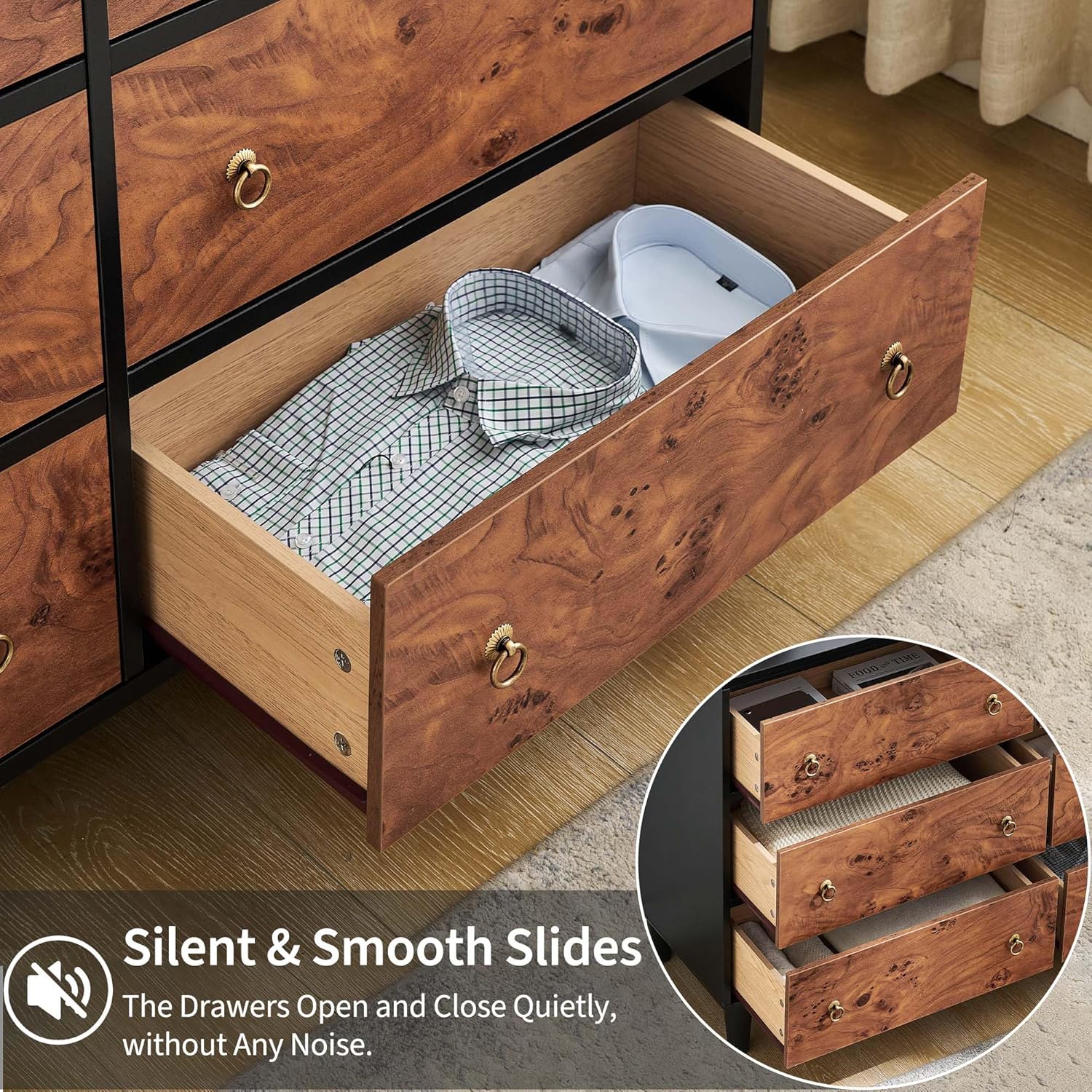 IDEALHOUSE 6 Drawers Dresser for Bedroom, 47" Wide Modern Chest of Drawers with Vintage Circle Handle w/Curved Profile Design, Wood Dresser for Living Room, Hallway, Entryway, Natural Oak