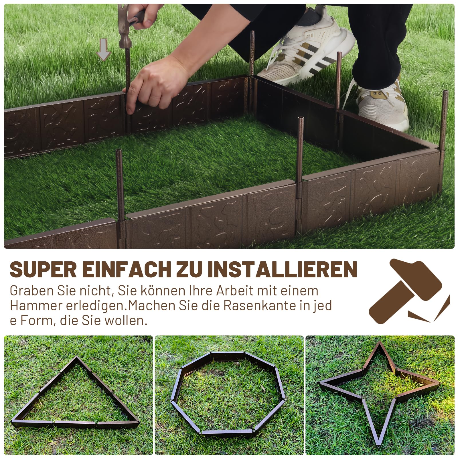 Audemar Metall Rasenkante Flexible Beetumrandung 10cm x 30cm Wetterfestes Einfache Montage Beeteinfassung für Garten, Beet, Beetgestaltung, Rasen und Wege inkl. 10 Stück Macht 3M, Bronze