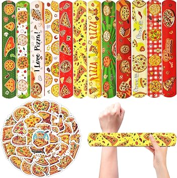 74Pcs Pizza Slap Bracelets&Stickers for Party Favors Supplies Pizza Theme Slap Wristbands Gifts for Women Men Party Favors Classroom Prizes