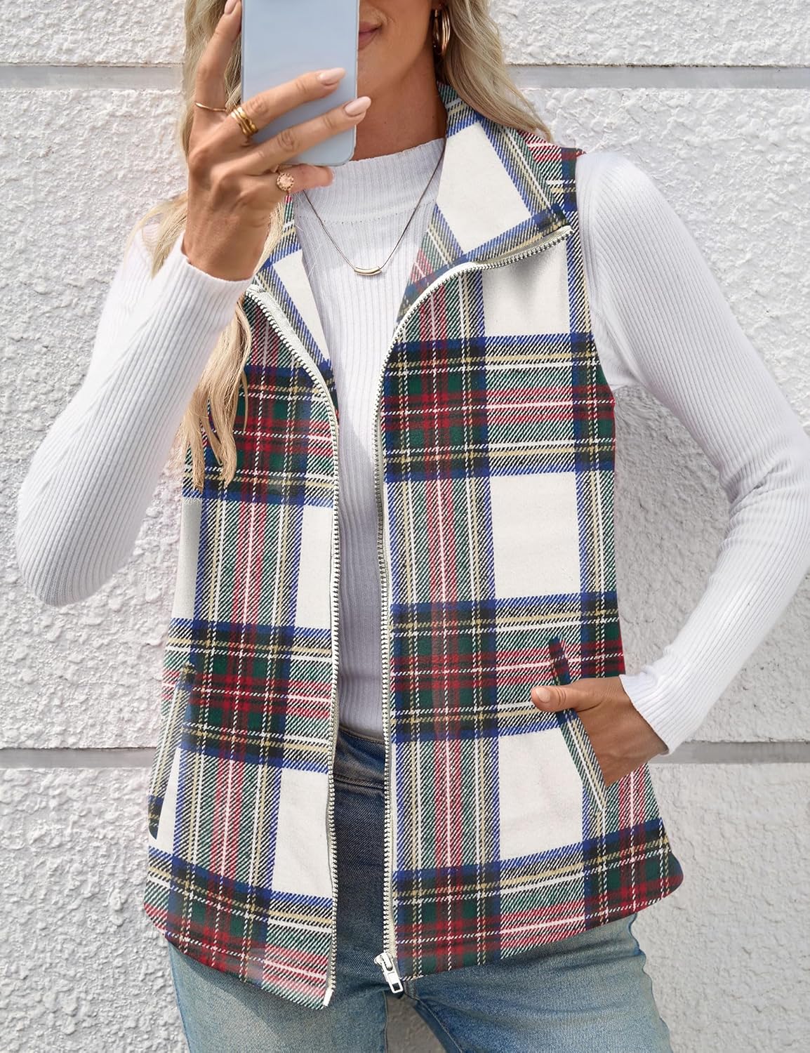 Rapbin Women's Plaid Outerwear Vests Tops Zip Up Collared Sleeveless Jacket with Pockects - Image 2
