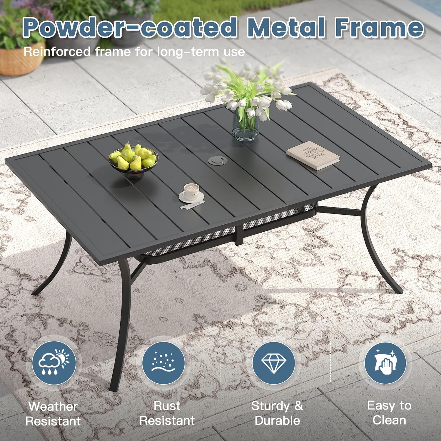 DIFY 7 Pieces Outdoor Patio Dining Set for 6, 59.2" Black Rectangle Metal Dining Table and 6 Brown Stackable Textilene Patio Chairs, Outdoor Table and Chairs for Backyard Garden Poolside
