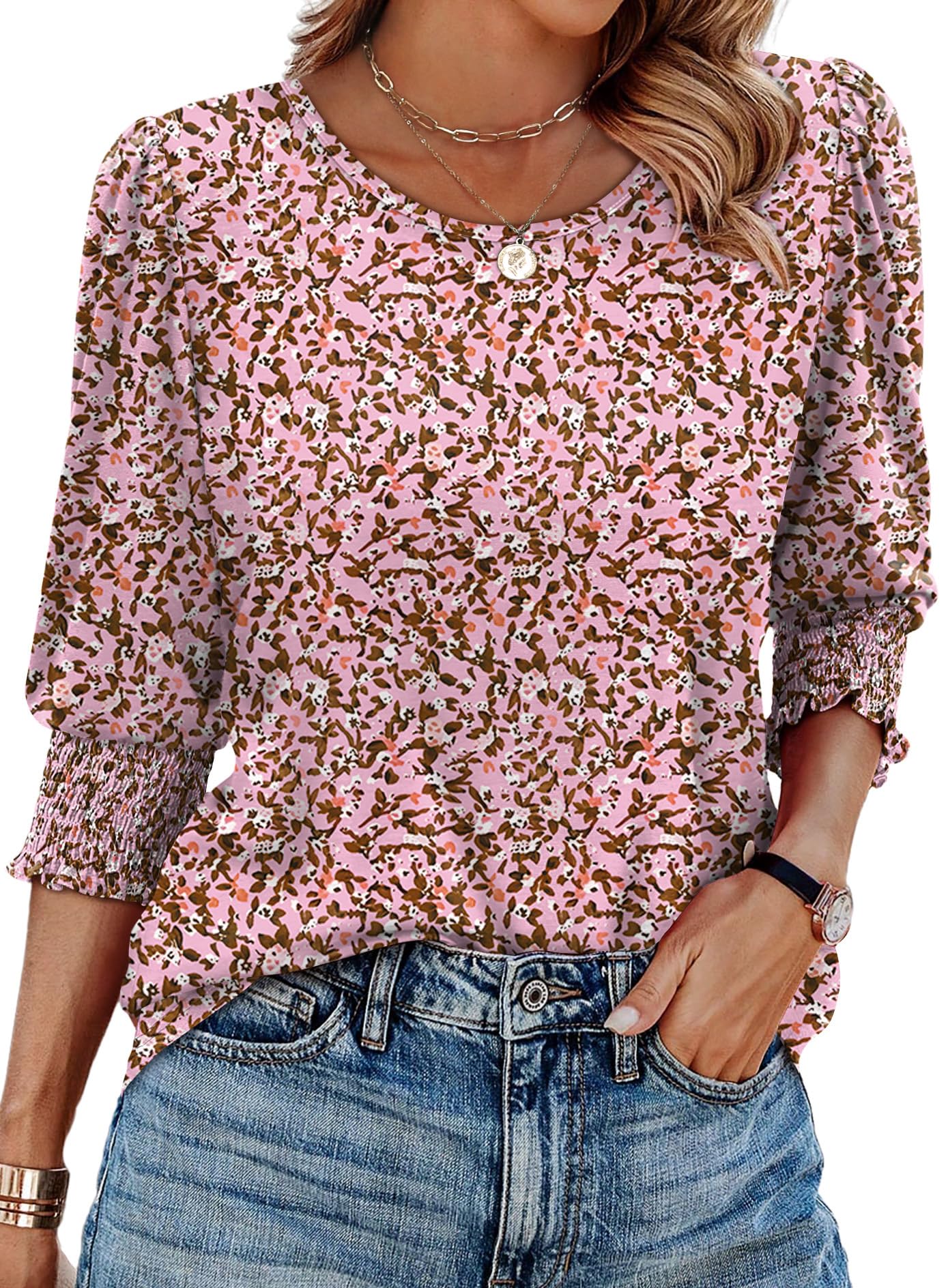 XIEERDUO Blouses for Women Dressy Casual 3/4 Length Sleeve Womens Tops with Smocked Cuffs