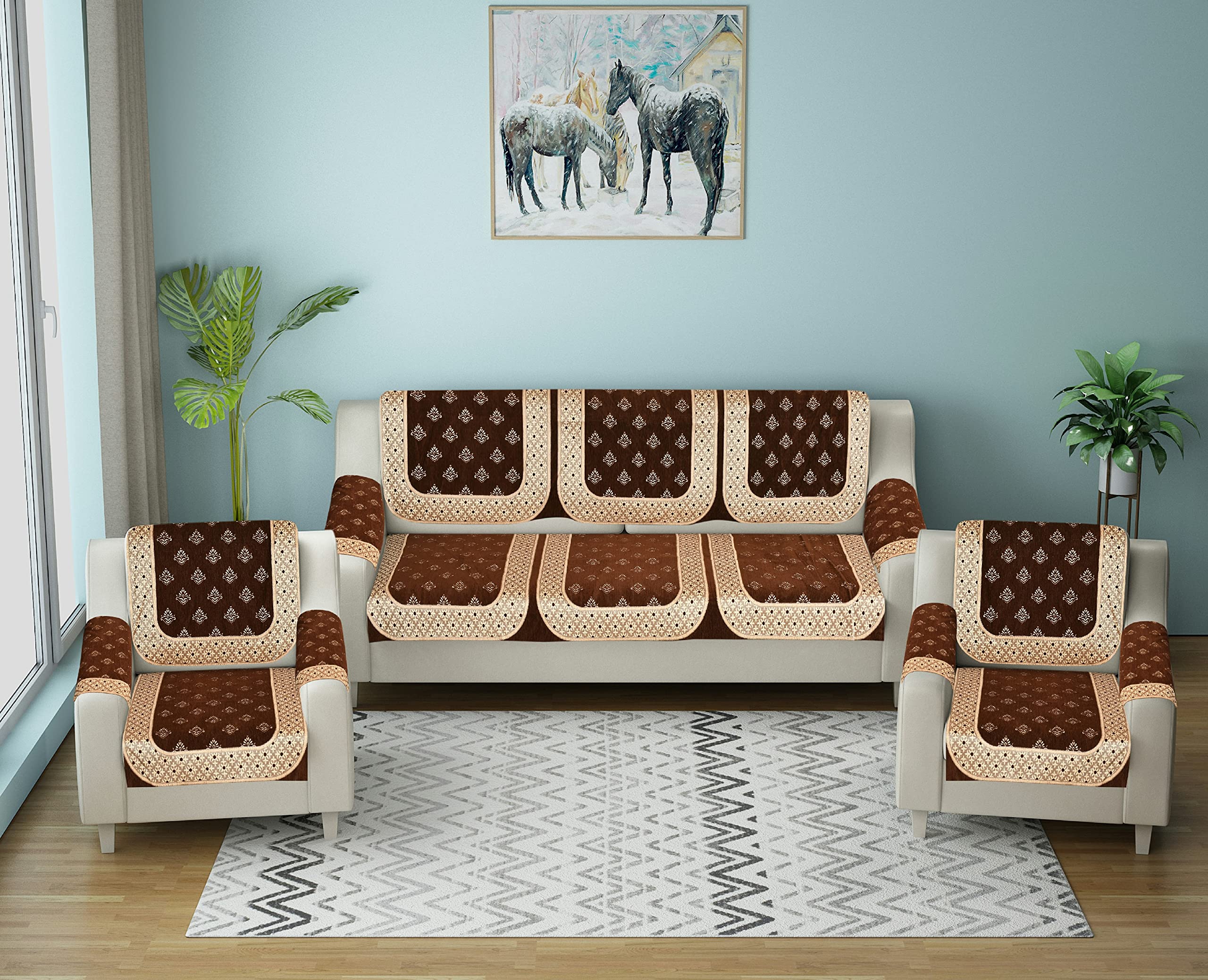 Premium 5 Seater Printed Chenille Sofa Cover Set With Arm Covers, 3,1,1 Seater 16 Pieces Sofa Back Slip Panels, Protector For Single Seater, Coffee (Pack Of 12)-image-27