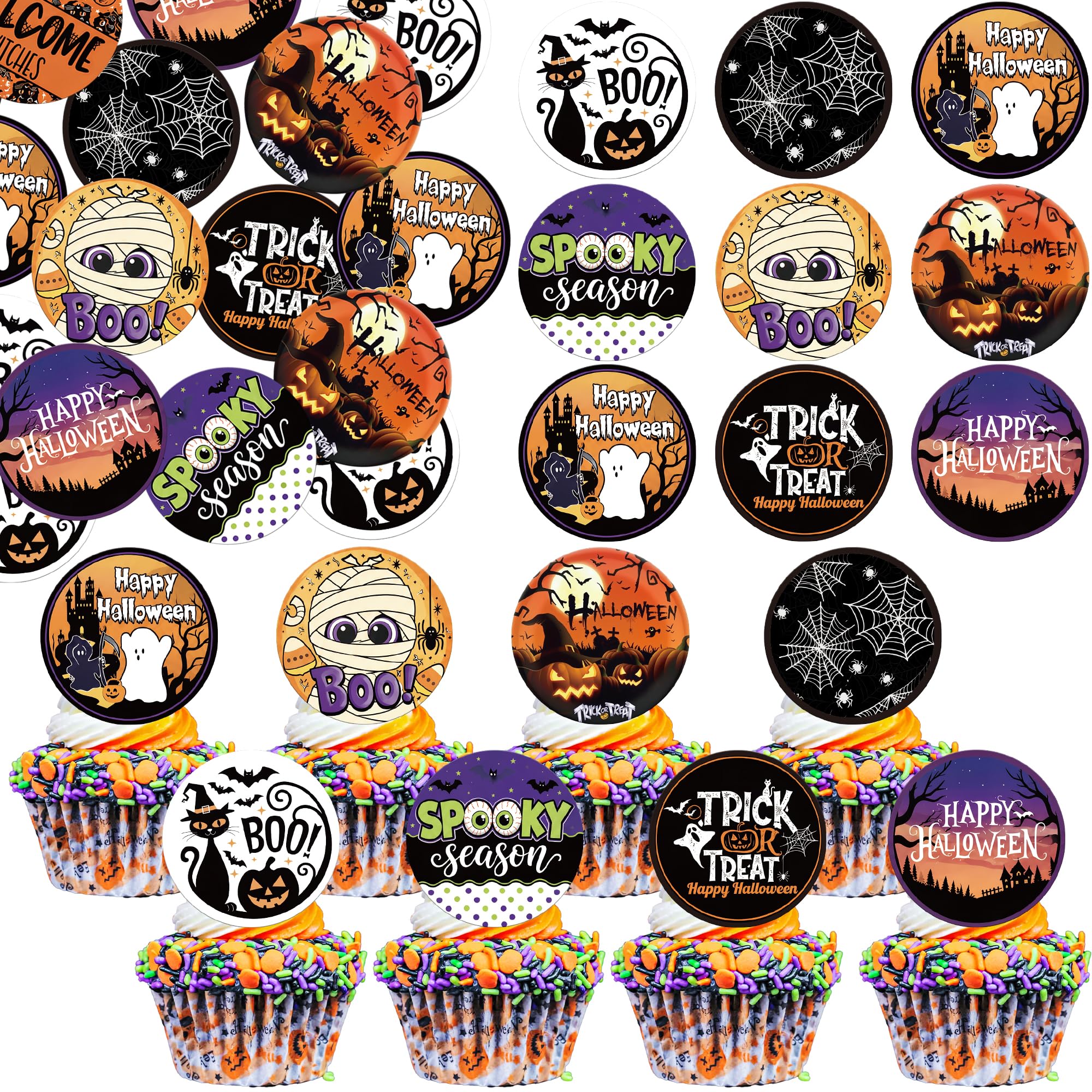 Xsstarmi 63 Pack Edible Happy Halloween Cupcake Toppers Trick or Treat Cupcake Picks Halloween Cake Decorations for Happy Boo Day Baby Shower Birthday Party Decorations Supplies