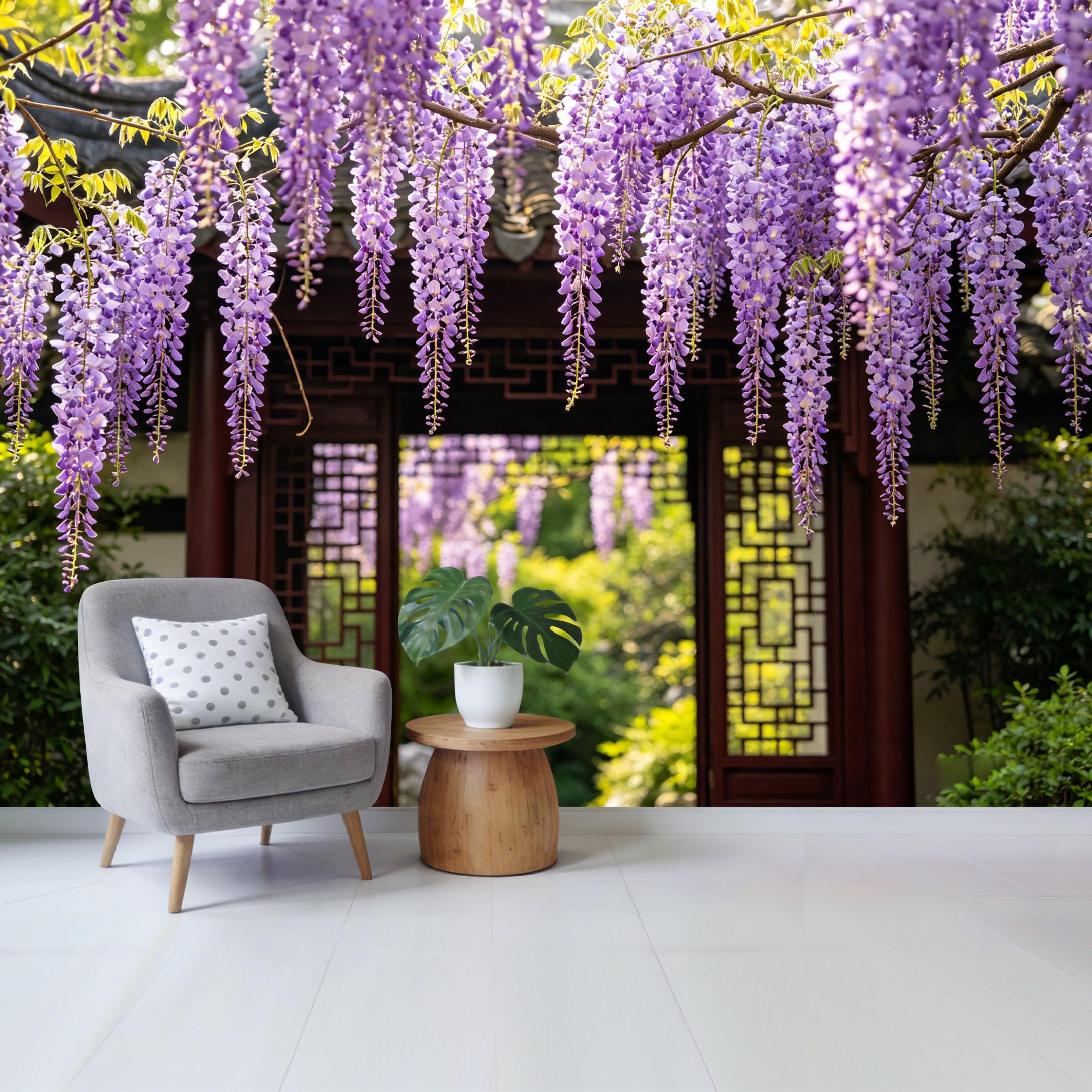 Qzlithotic Yq2605250251 Custom Size Wall Mural Elegant Purple Wisteria Blossom Botanical Asian Garden Gate Watercolor Selfadhesive Wall Fabric Removable Wallpaper For Home Office Decor