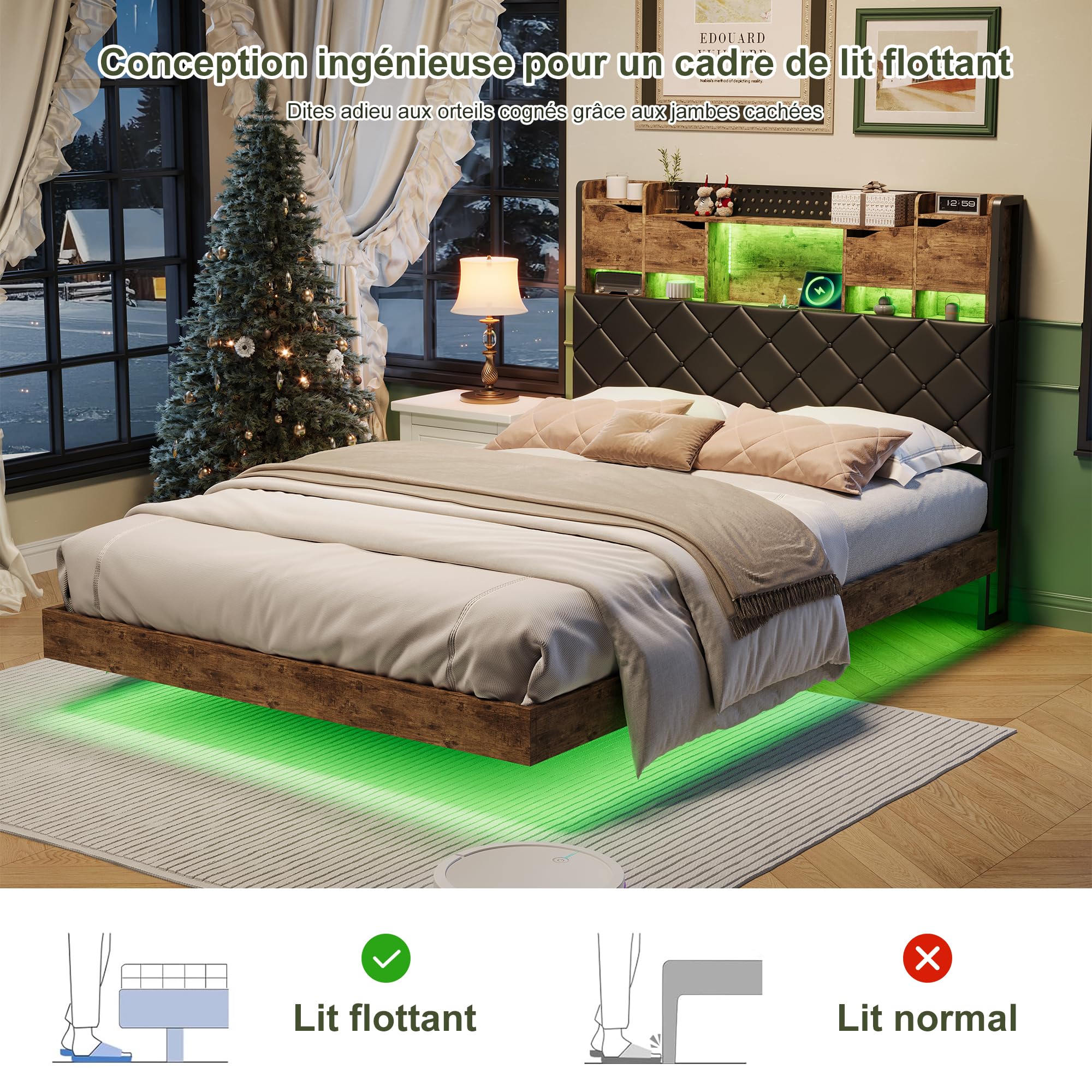 Rama łóżka pływającego 160 x 200 cm, z diodami LED RGB i stacją ładującą USB, wyściełany zagłówek ze skóry z miejscem do przechowywania, metalowe listwy bez hałasu (czarny i naturalny)