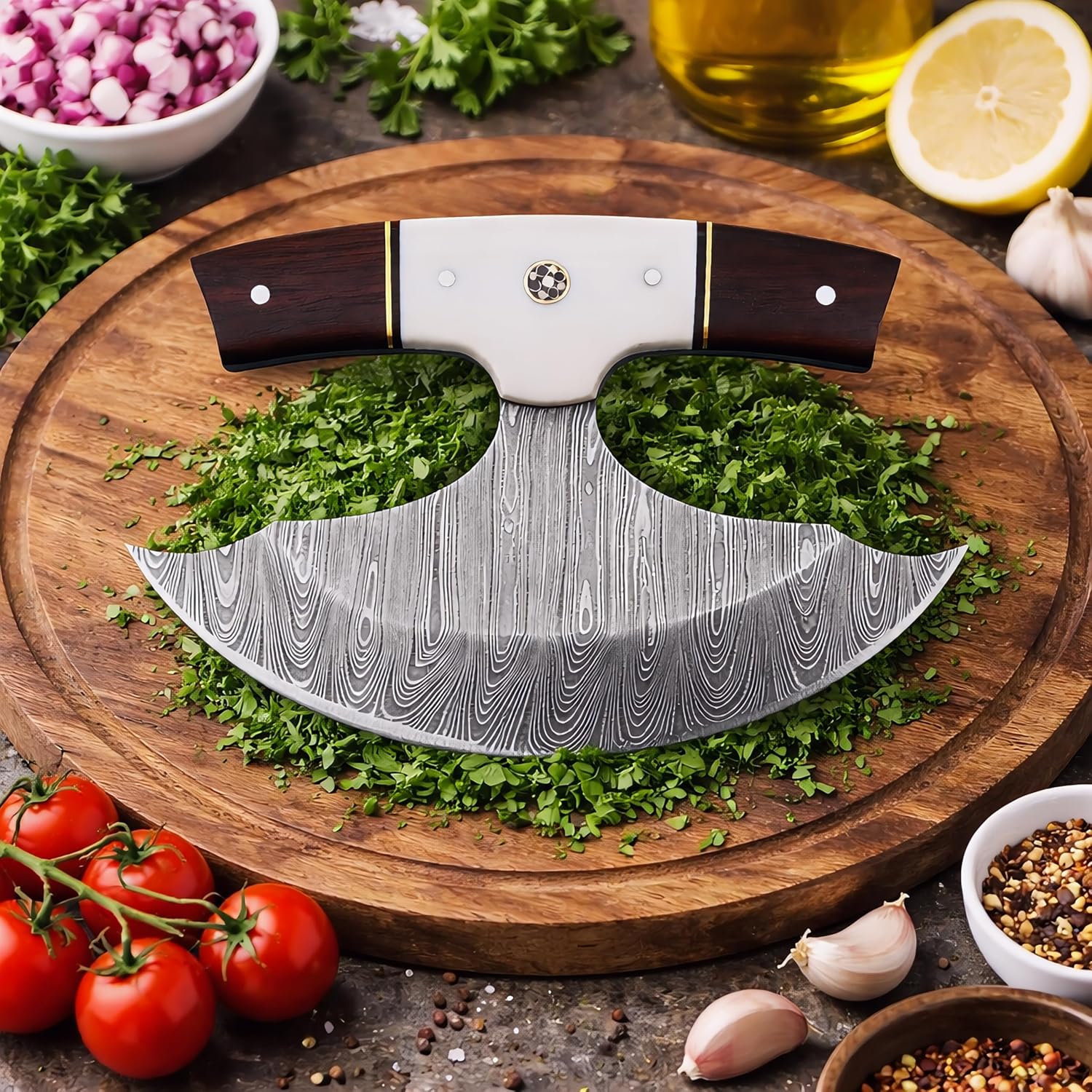 Custom Handmade Damascus Steel Ulu Knife, Alaskan Ulu with Leather Sheath, Multi-Purpose Alaska Knife for Pizza Cutting, Chopping, Rocking, Mincing & Slicing, Rosewood & Resin Handle