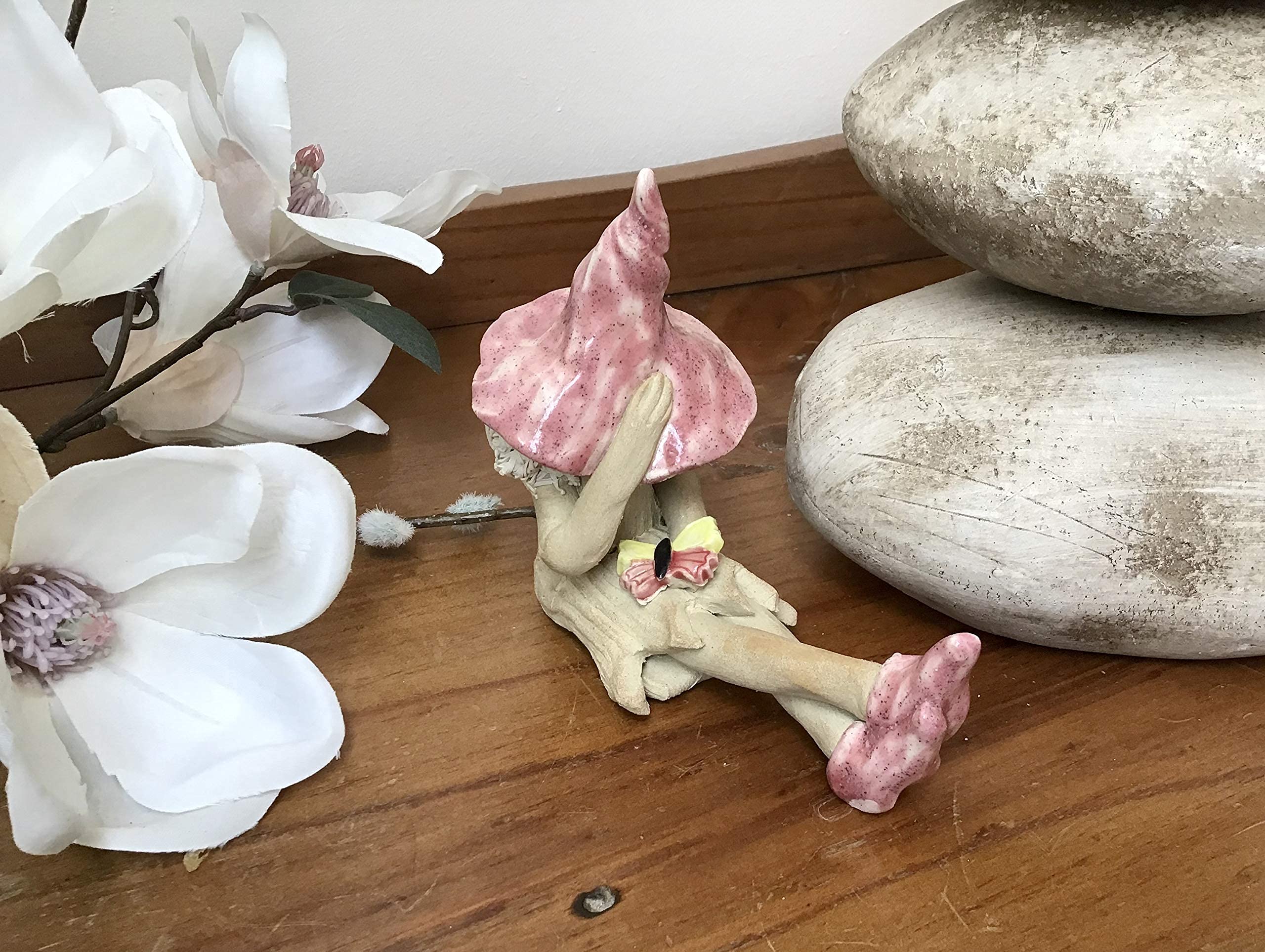 Shy fairy garden figurine, ceramic pixie plant pot ornament, pink, Small