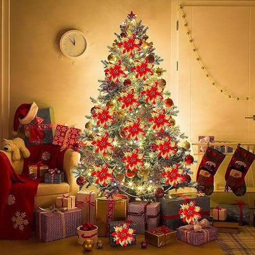 Miniatura 5 de 20 flores de Pascua artificiales con purpurina de 5.5 pulgadas, decoración de árbol de Navidad, adornos de Navidad con purpurina con clips,