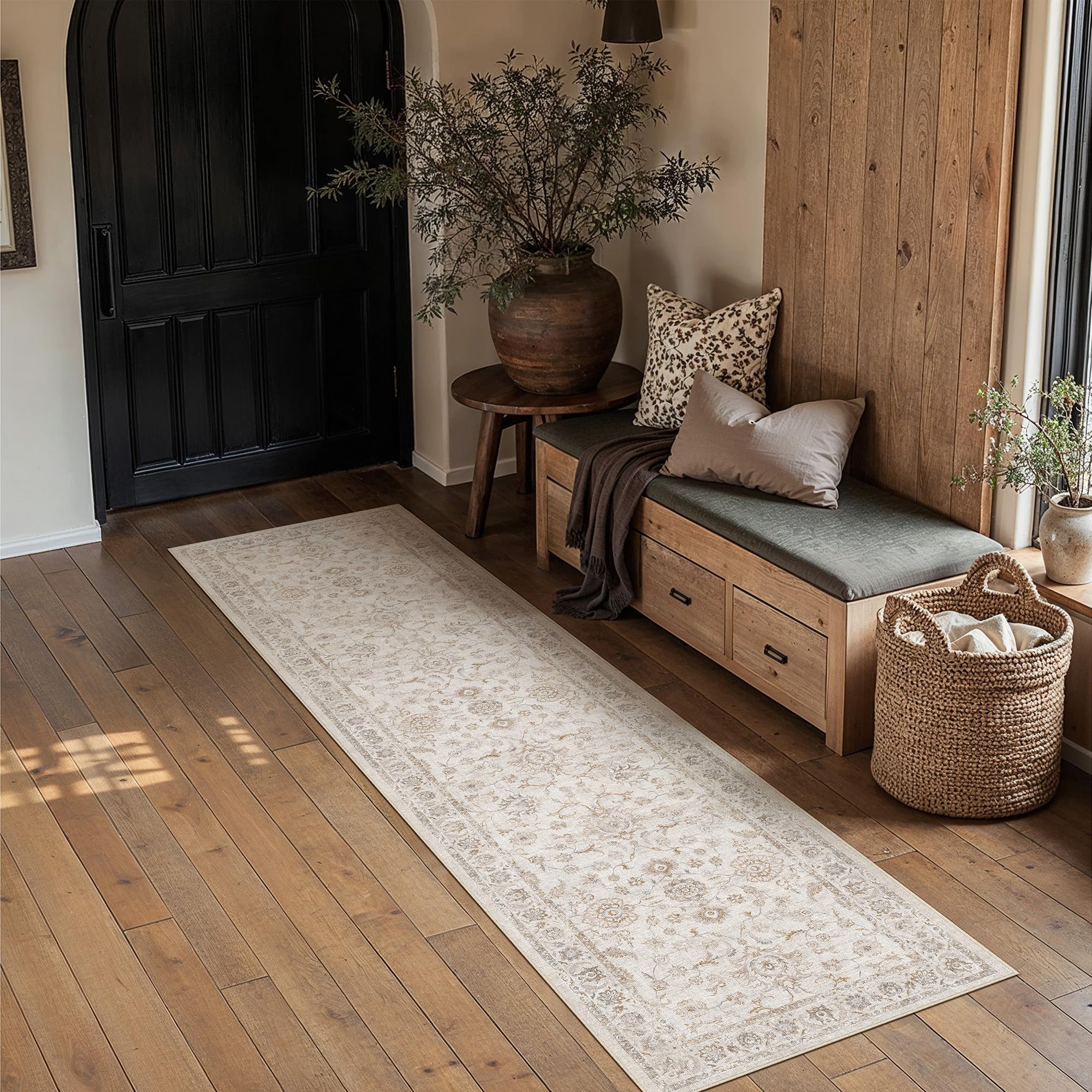 PureCozy Runner Beige Rugs for Hallway 60x240cm Long Vintage Washable Area Rug Non Slip Soft Traditional Flower Carpet for Kitchen Lounge Bedroom Bedside Indoor Decor