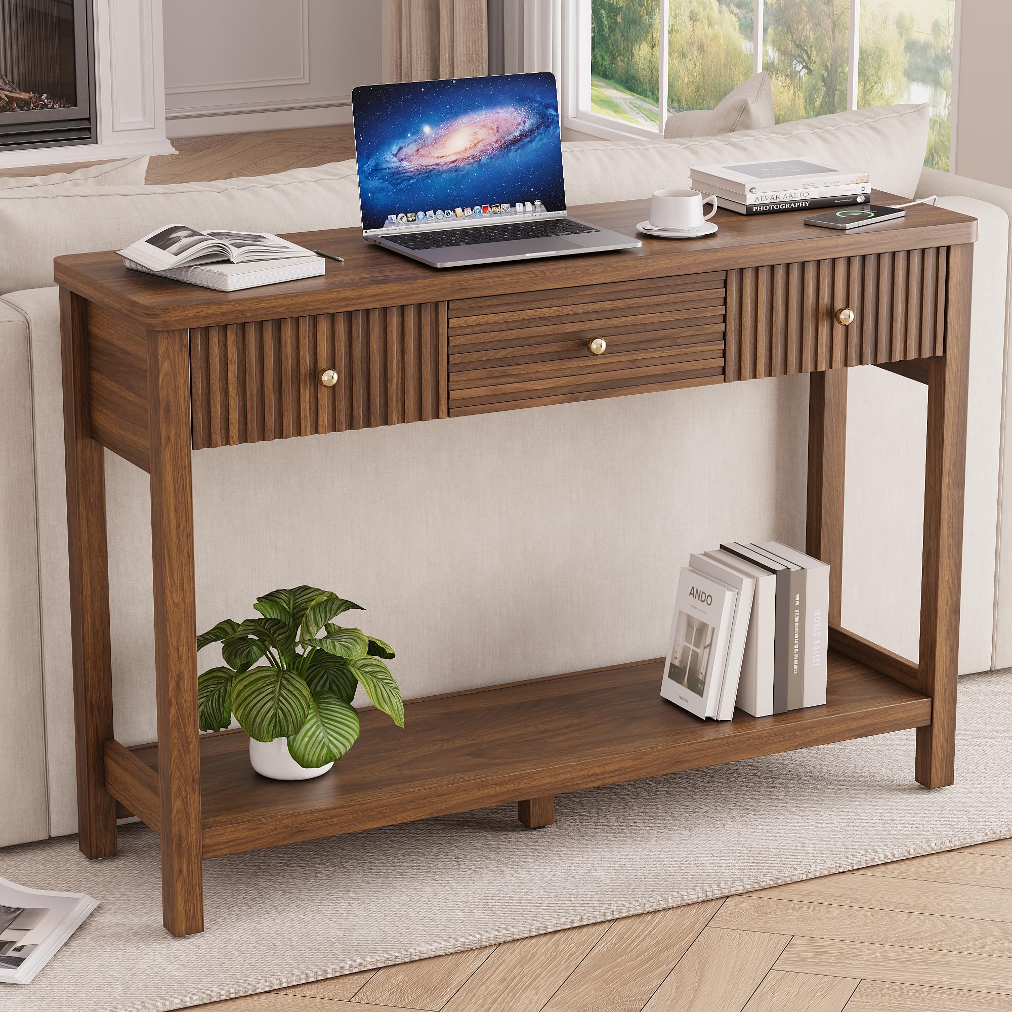 Best Walnut Console Table Picks for 2026 1 Decofy 47 Inch Fluted Console Table with Outlets and USB-C Port, Mid Century Mod — product photo