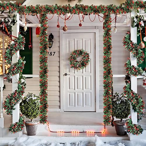Miniatura 7 de Tifeson Guirnalda de oropel de Navidad de 50 pies para decoración de árbol de Navidad, guirnalda colgante de oropel metálico con purpurina roja y