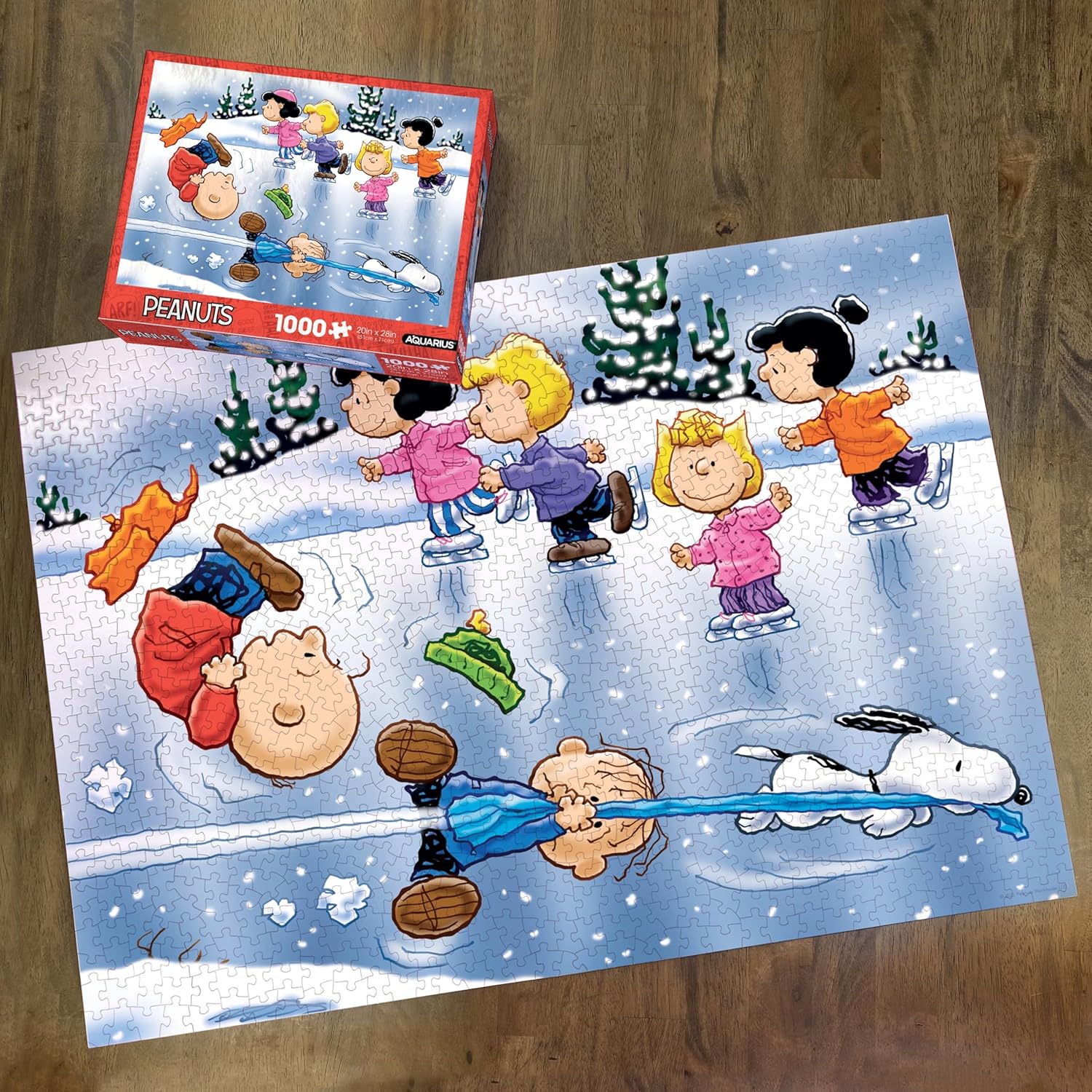 Aquarius Peanuts Christmas 1000 Piece Jigsaw Puzzle for Adults - Charlie Brown Snoopy Ice Skating 20"x27" Collectible