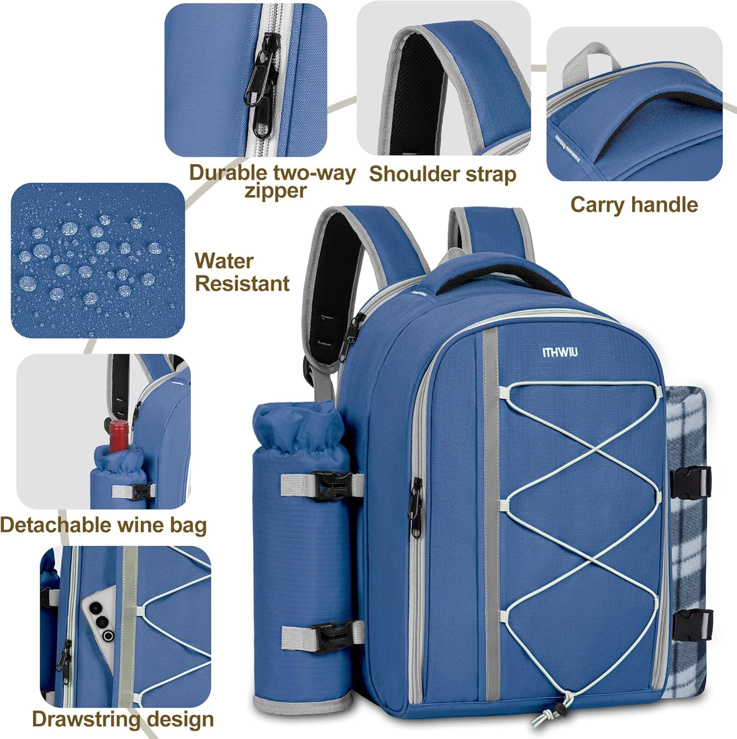 Picnic Backpack for 4 Persons with Insulated Leakproof Cooler Compartment, Cutlery Sets, Wine Holder, Fleece Blanket, Wedding Gifts for Couples, Perfect for Beach, Camping, Hiking, Blue