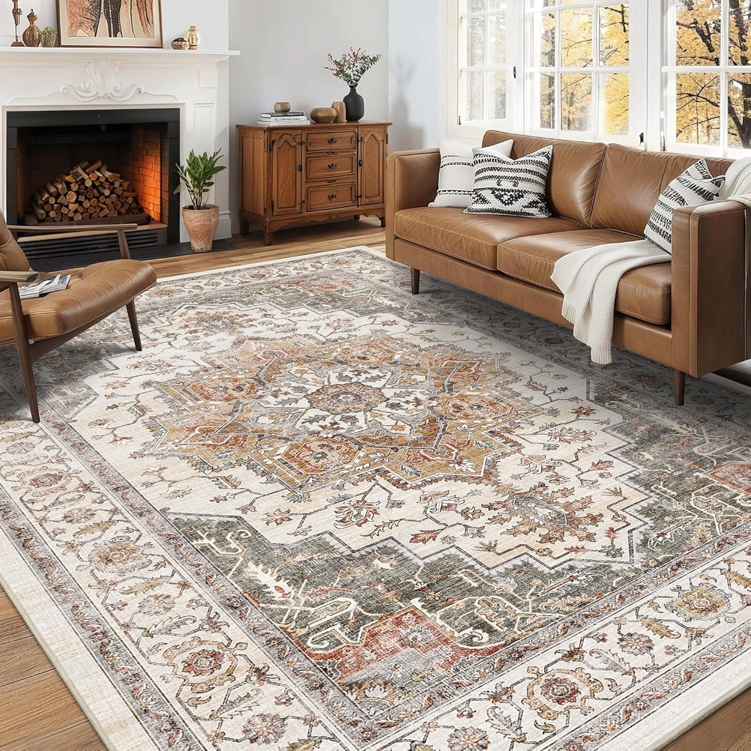5x7 Area Rugs for Living Room Ultra-Soft Washable Rug Vintage Distressed Boho Area Rug, Non-Slip Retro Print Low Pile Stain Resistant Carpet for Bedroom Dining Room Kitchen Office