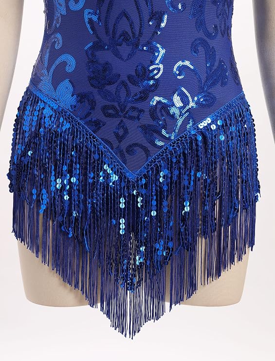 AFAVOM Women Latin Dance Sequin Fringe Bodysuit Sparkle Music Festival Rave Outfit Concert Cami Leotard Party Jazz Jumpsuit