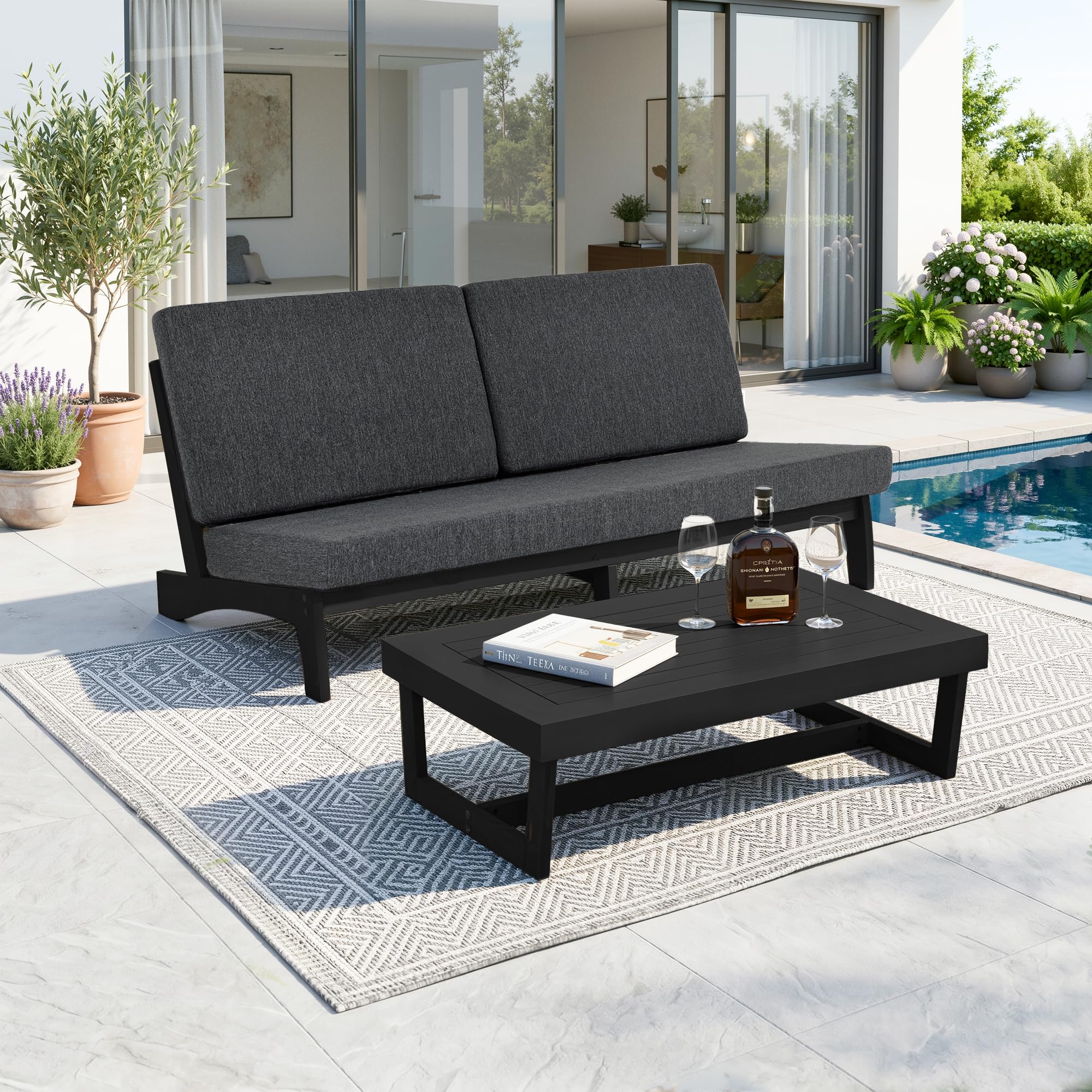 Pia Ricoo 2-Piece Patio Furniture Set, Outdoor Wood Sofa with Coffee Table, 4.5-Inch Thick Cushions, All-Weather Conversation Set for Backyard, Deck, Lawn - Drak/Drak