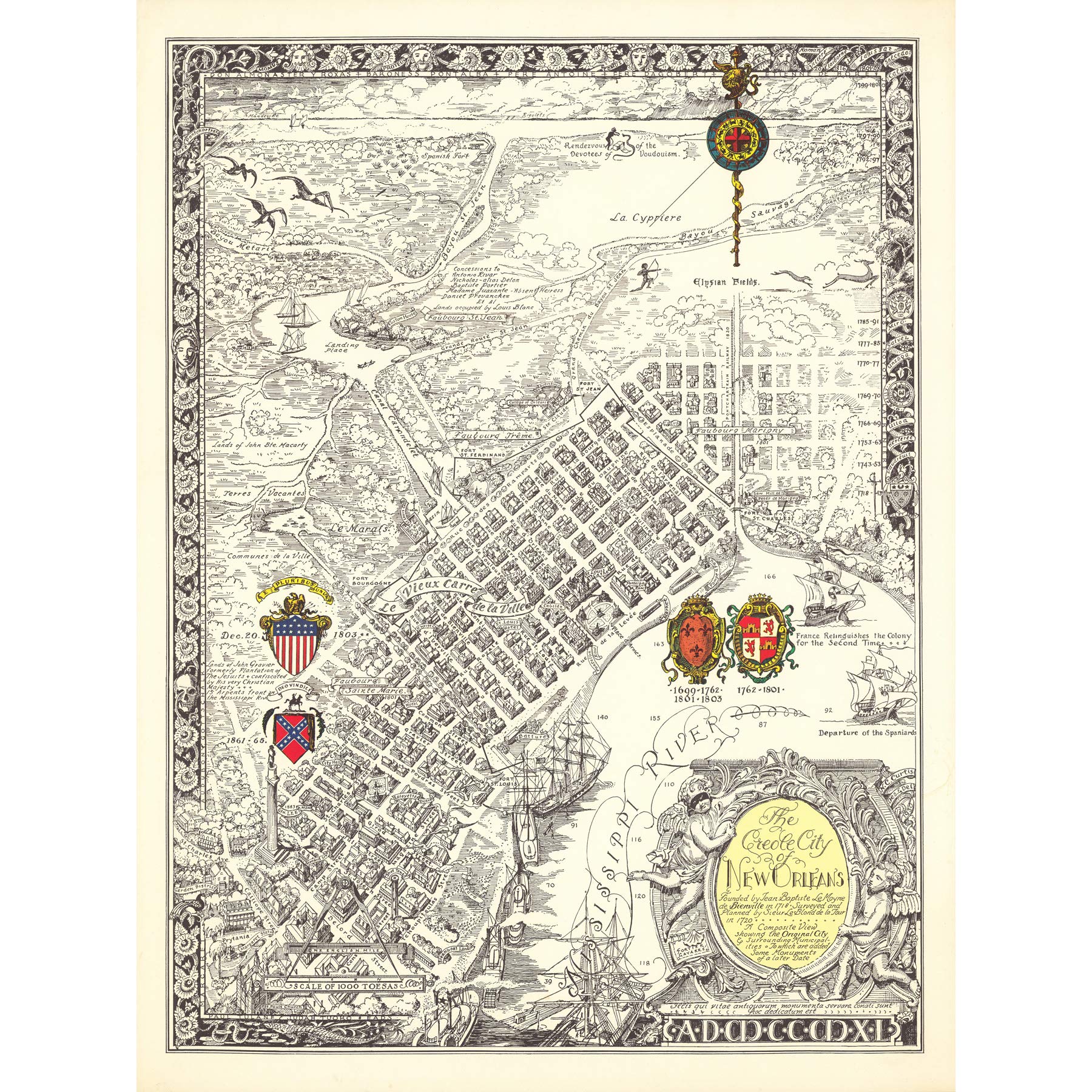Artery8 Map Curtis 1930 Creole City New Orleans Pictorial Premium Wall Art Canvas Print 18X24 Inch