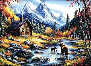 Puzzles for Adults 1000 Pieces, Mountain Escape - Fall Landscape with Bears Cabin & Snow Peaks Jigsaw Puzzle for Adults and Teens Family Challenging for Game Nights (27.5 x 19.7 Inch)