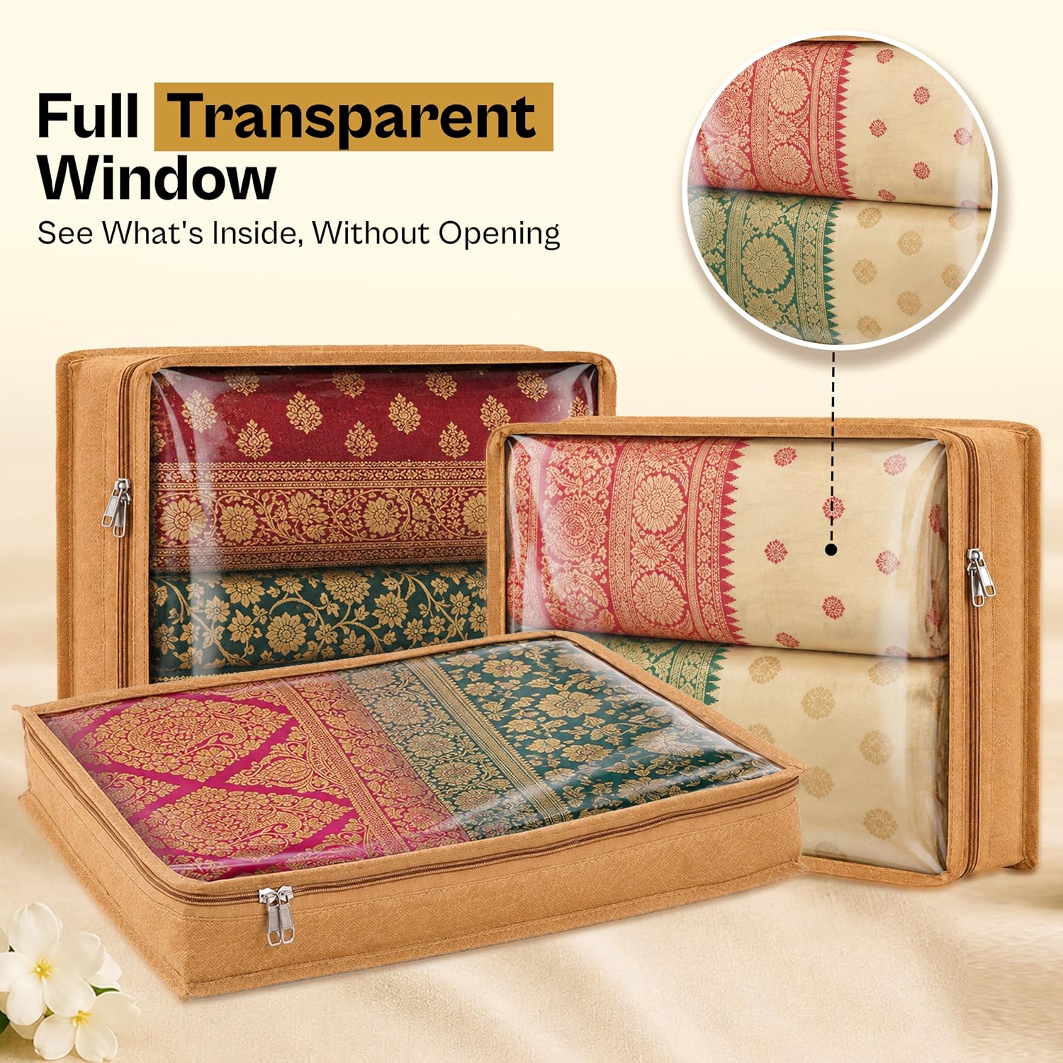 MECHDEL 12 Pcs Non Woven Clothes Storage Bags/Saree Covers with Transparent Window & Zip for Storage Specially Design for Woman Dresses, Sarees, Lehengas Wardrobe Organizer (16.5 x 13 x 3 Inch)| Made in India 6