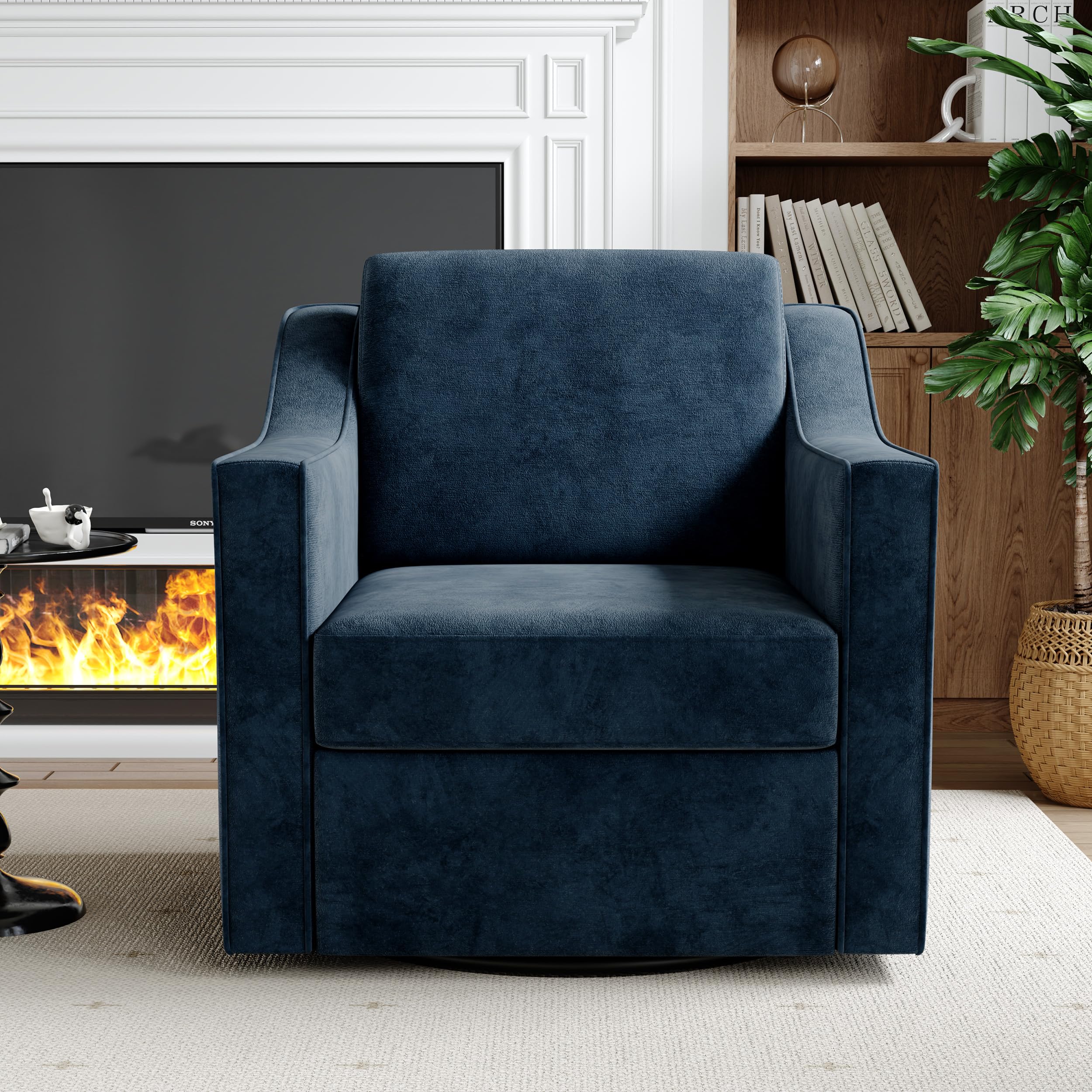swivel accent chair, modern round barrel arm chair for living room, bedroom, comfy club reading chairs for adults (chenille navy blue, set of 1)