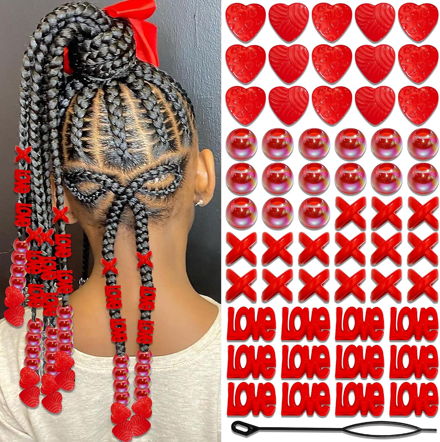 NAISKA 60PCS Heart Hair Beads for Kid Large Dreadlock Jewelry for Braids Multi Shape Pony Beads Loc Dreadlock Accessories Cute Braids Hair Decoration for Women and Girls (Red)