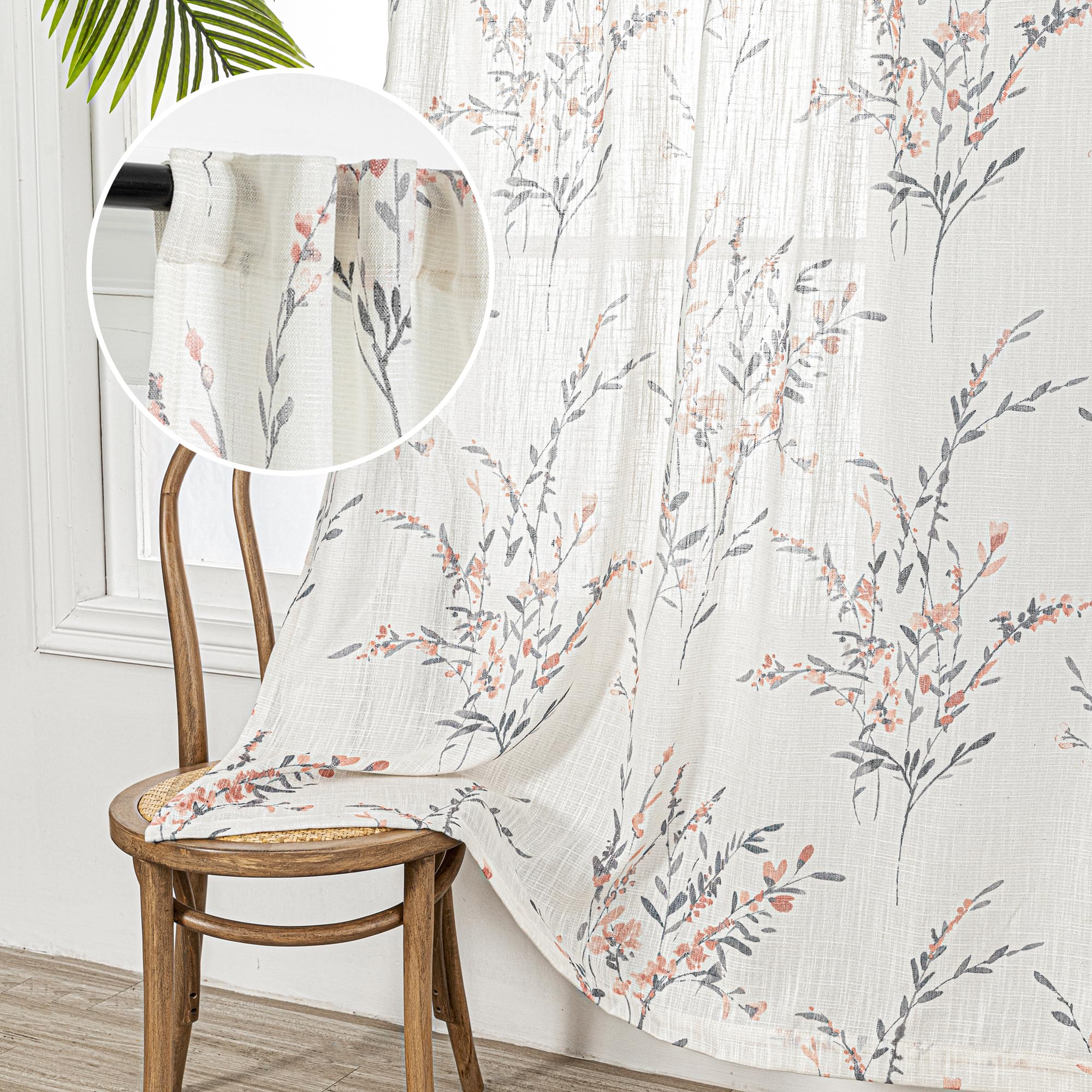 MYSKY HOME Floral Sheer Curtains for Living Room 84 Inches Long Light Filtering Window Treatment Sets Bedroom Dining Room Leaf Printed Vintage Farmhouse Curtains & Drapes, Coral, 52"x84",2 Panels