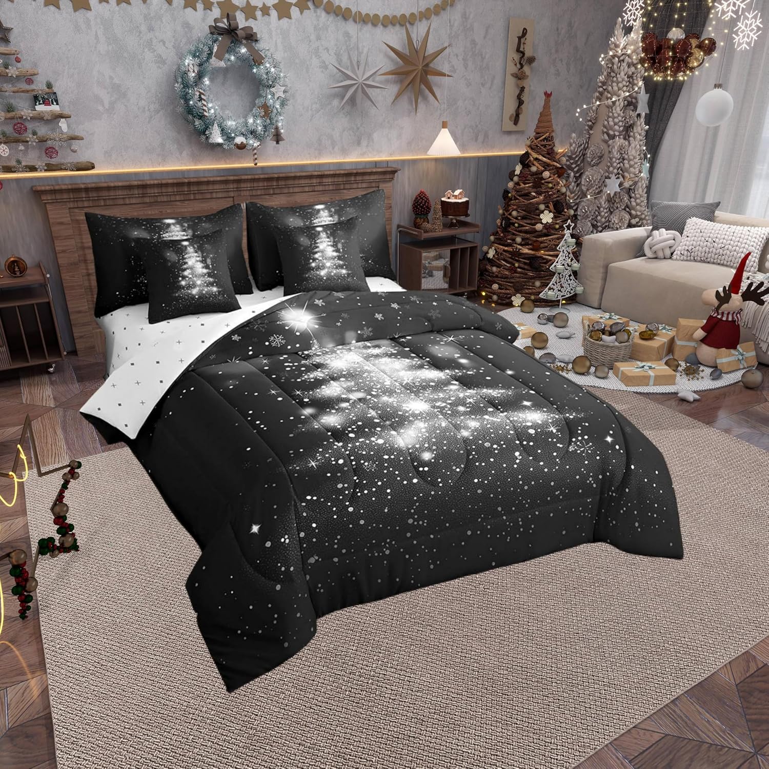 7 Pieces Kids White Christmas Tree Comforter Set Full Size Geometric Snowflakes Bedding Set with Comforter,Sheet Set,Pillowcase and Sham Abstract Tree Bed Set Xmas Theme Bedding for Room Decorative
