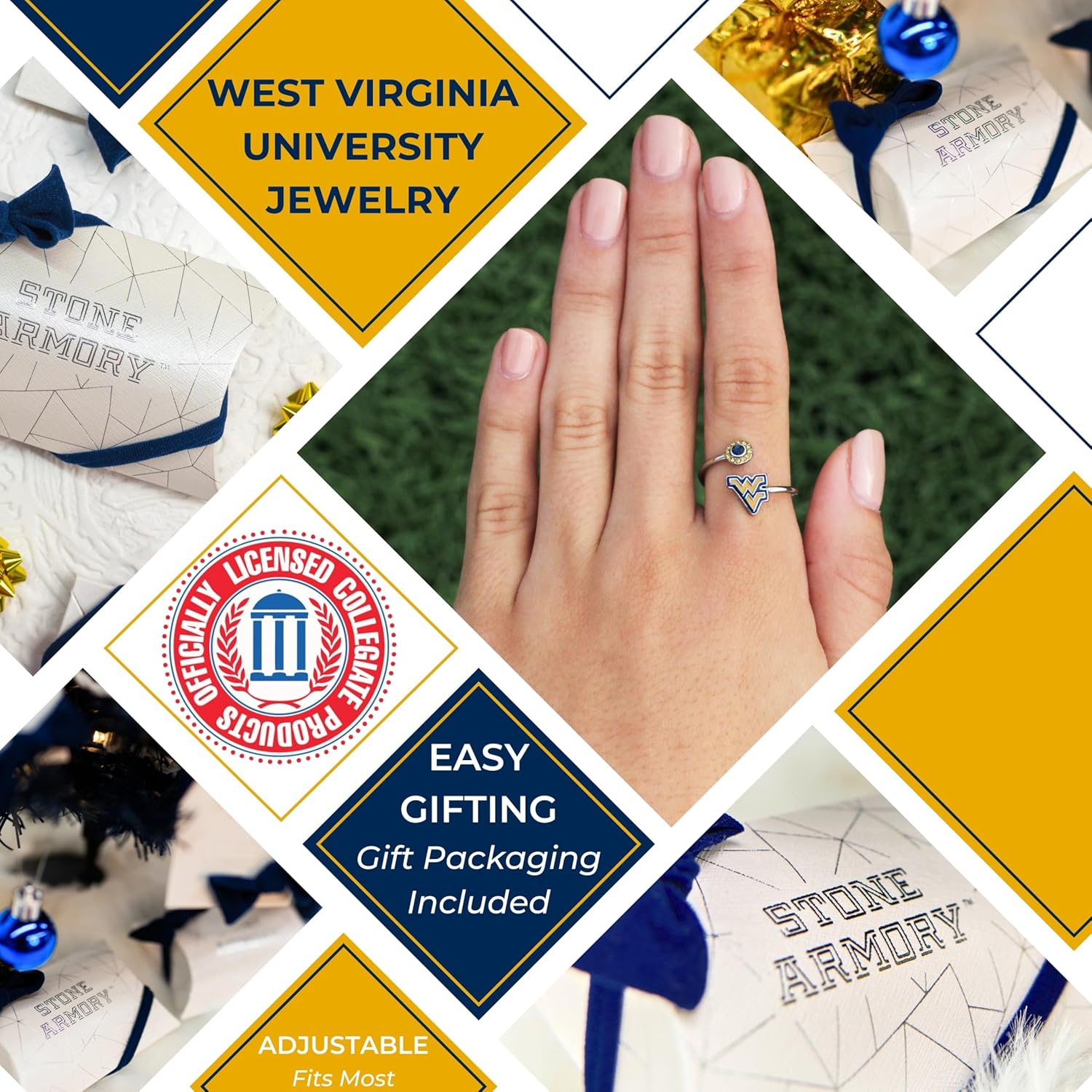 Stone Armory West Virgina Mountaineers Gifts for Women - West Virginia Logo Ring with Crystals - Hypoallergenic and Adjustable Sizes 5-12 - Womens WVU Gifts and WV Gear