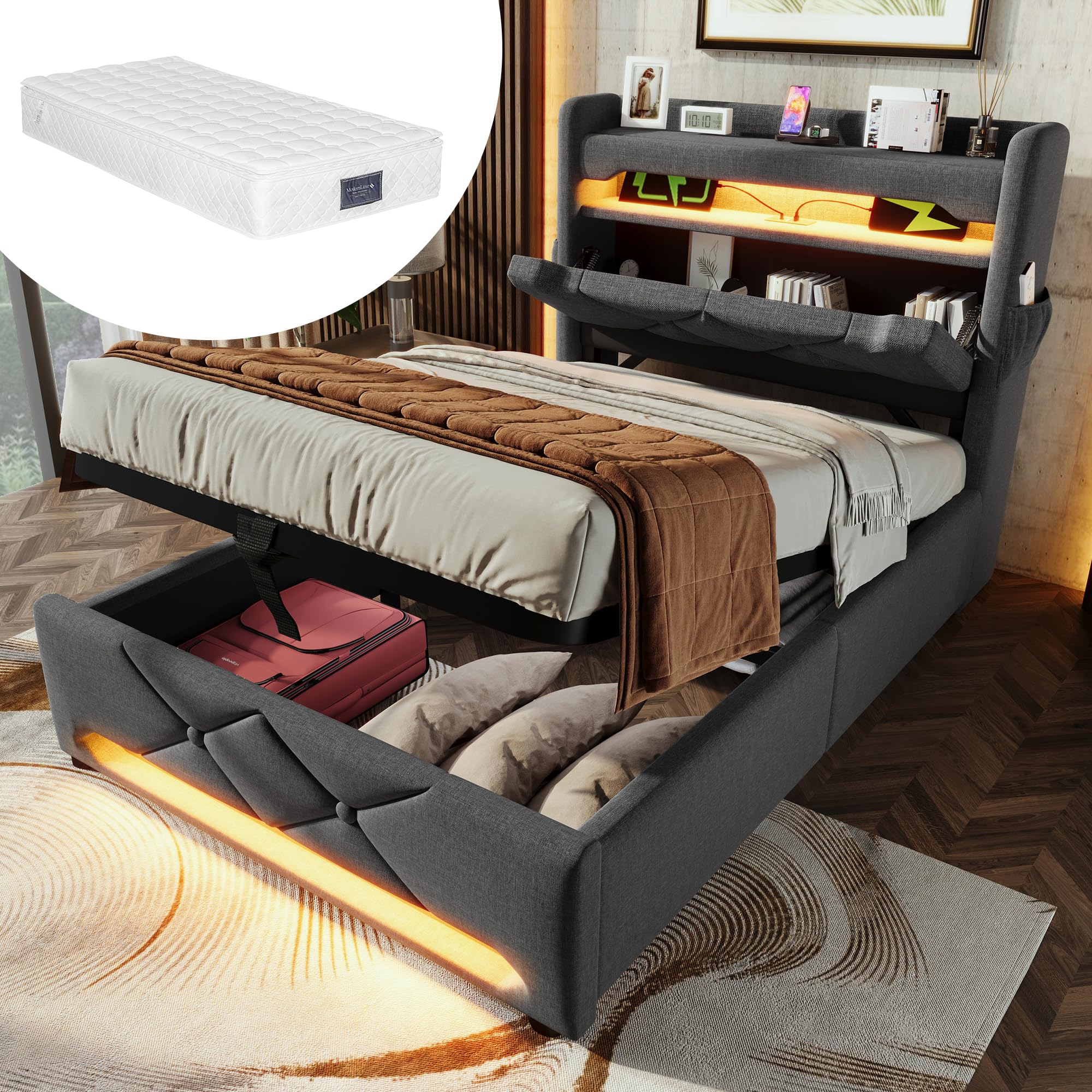 Łóżko tapicerowane 90 x 200 cm, łóżko pojedyncze z USB/typ C i oświetleniem LED, rama łóżka z hydraulicznym schowkiem, łóżko do przechowywania z materacem, lniano-szare, 7-strefowa zimna