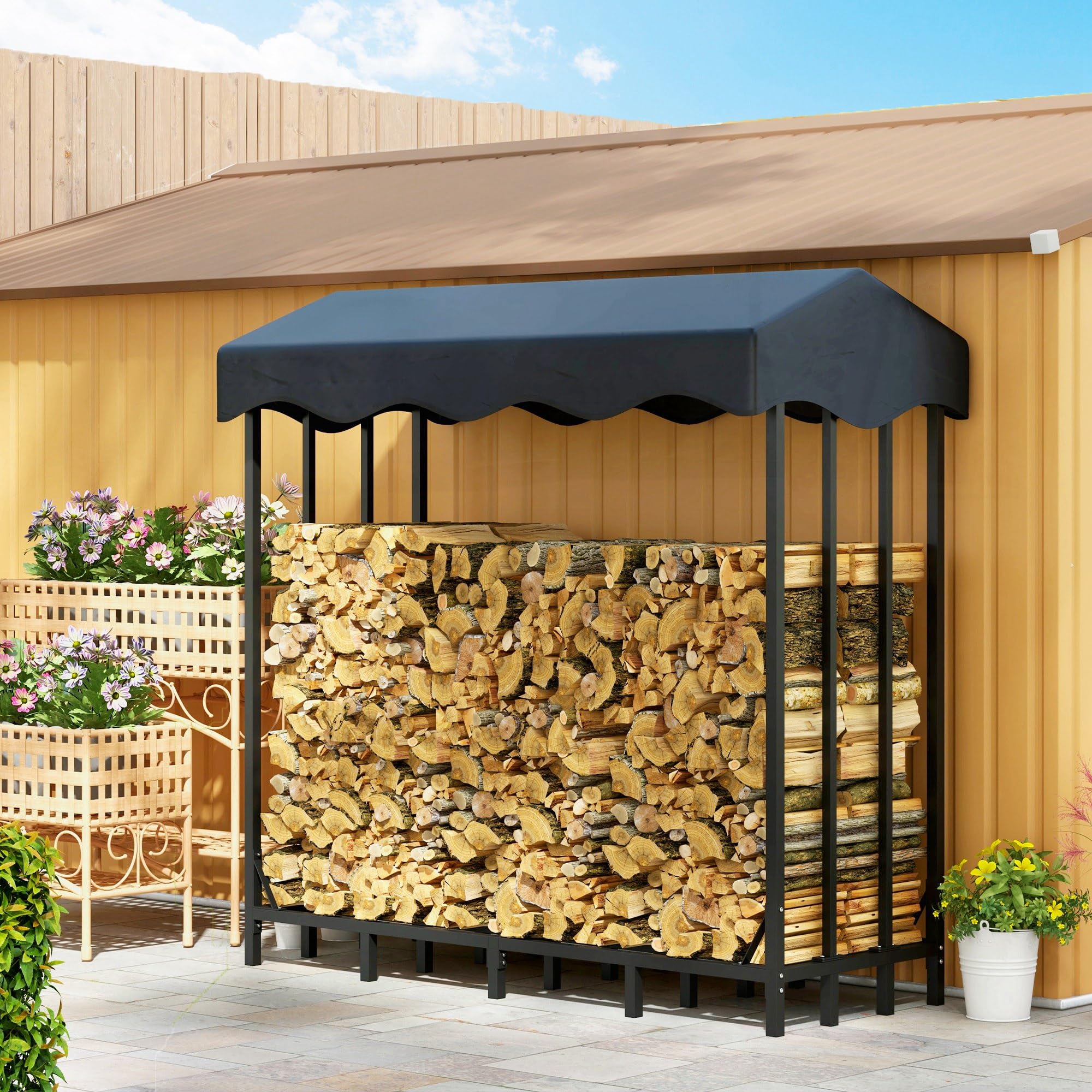 Outsunny Soporte para Leña con Cubierta 143x70x145 cm Leñera de Exterior Estante de Leña de Metal con Estructura Reforzada Impermeable Carga 1200 kg para Interior y Exterior Negro