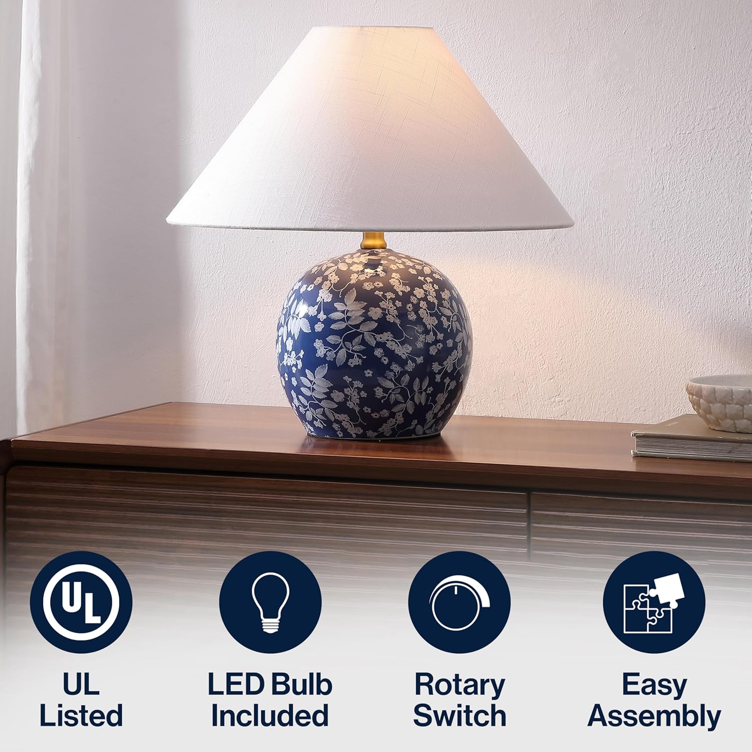 JONATHAN Y 17.25" Blue/White Modern Cottage Floral Ceramic Globe Table Lamp for Bedroom, White Linen Shade, LED Bulb Included, French Country Home Decor JYL5508A