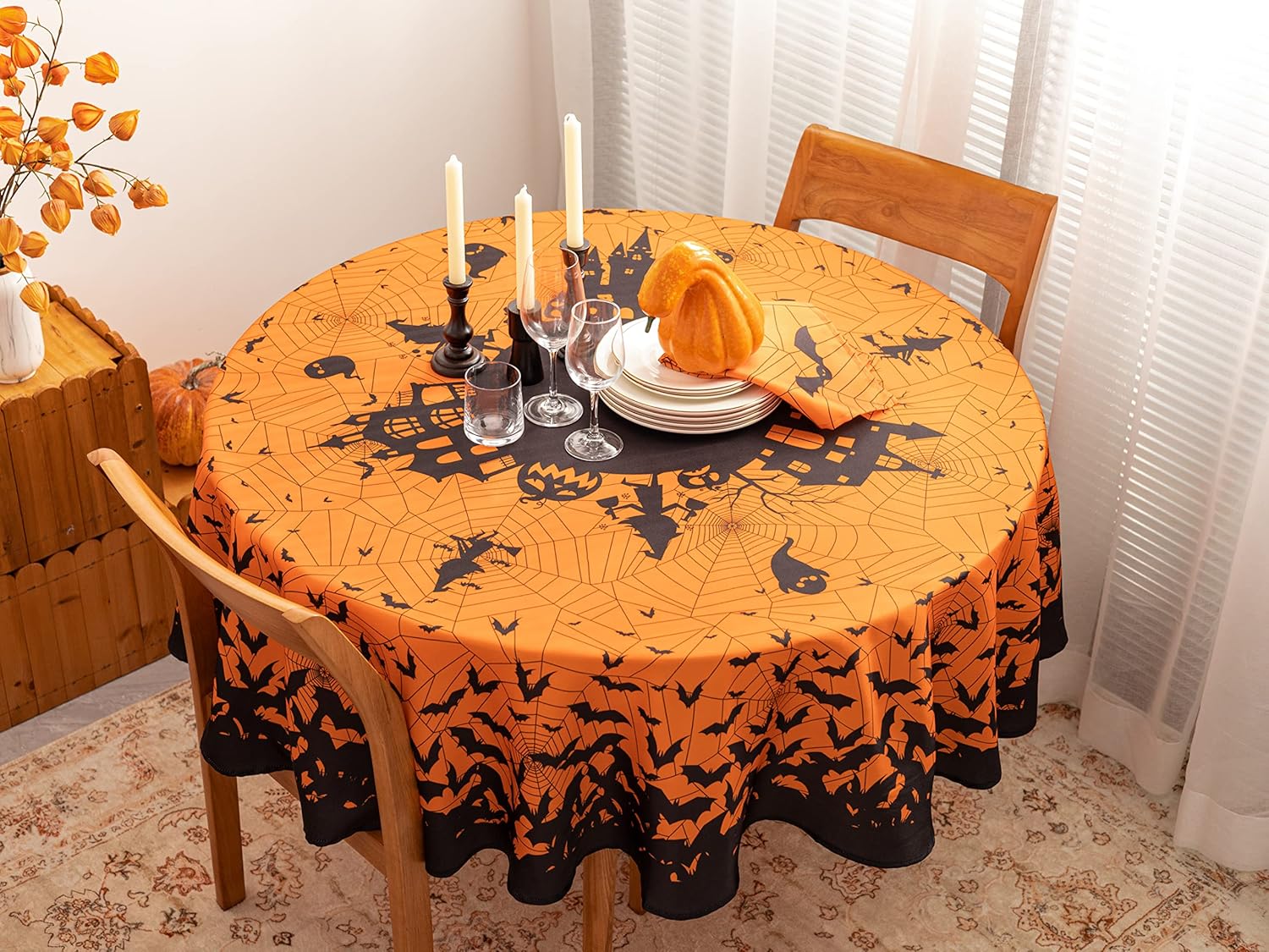 Printed Halloween Tablecloth, Silhouettes Collection - Wrinkle Free Table Cloth for Halloween Decorations, Dinner Parties and Scary Movie Nights (Horror Night, 70 Inch Round) : Home & Kitchen