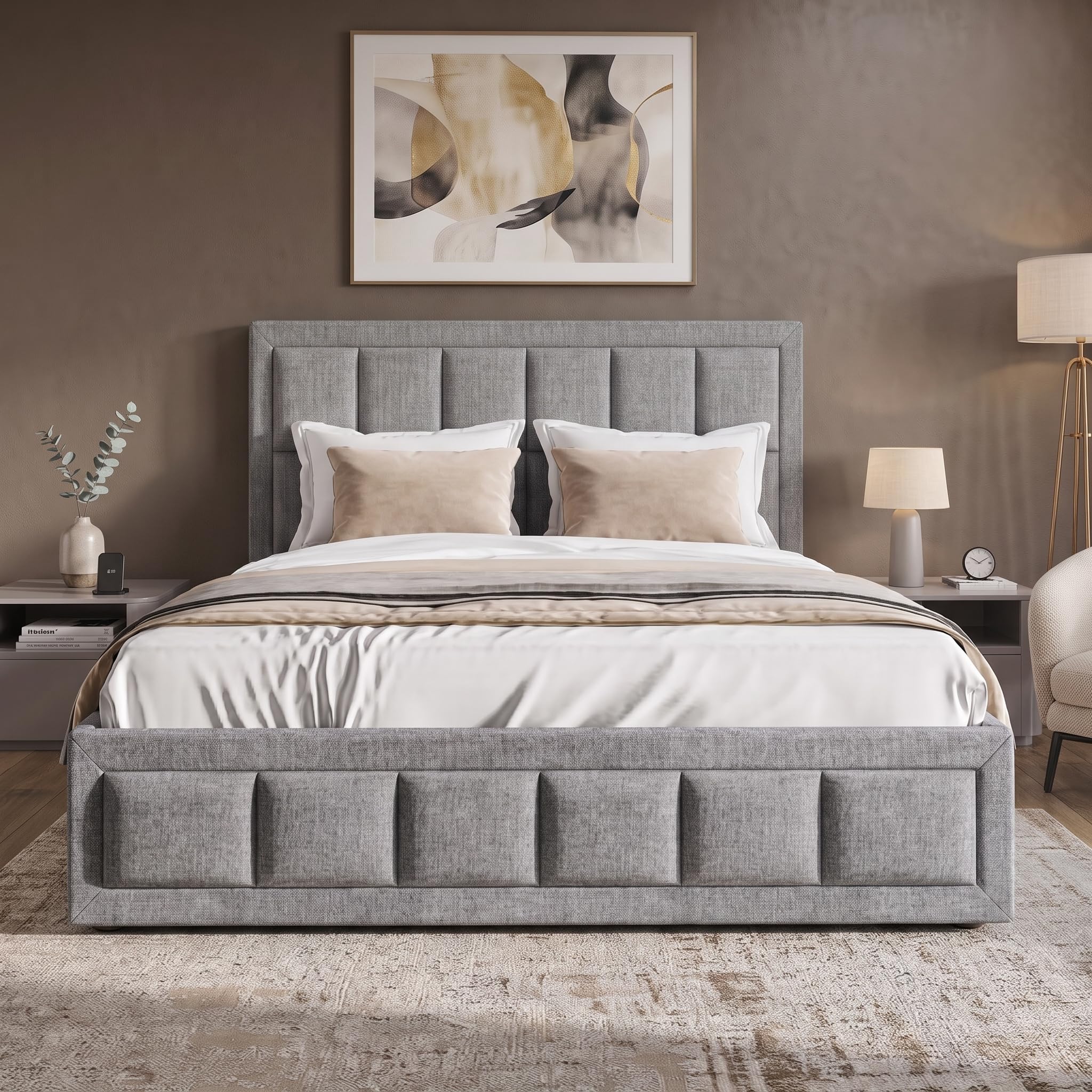 Blisswood Ottoman Double Bed Frame, 4ft6 Double Upholstered Ottoman Bed, UKFR Linen Fabric Ottoman Storage Bed With Gas Lift End Opening Wooden Slats With Storage Bed (4ft6 Double, 145 x 204 cm)